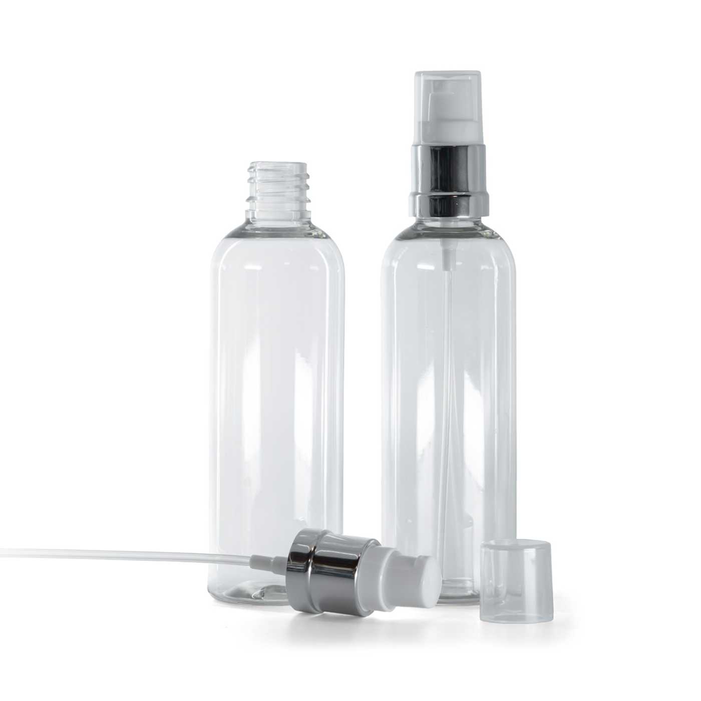 Flacon en plastique transparent, distributeur blanc-argenté brillant, 100 ml