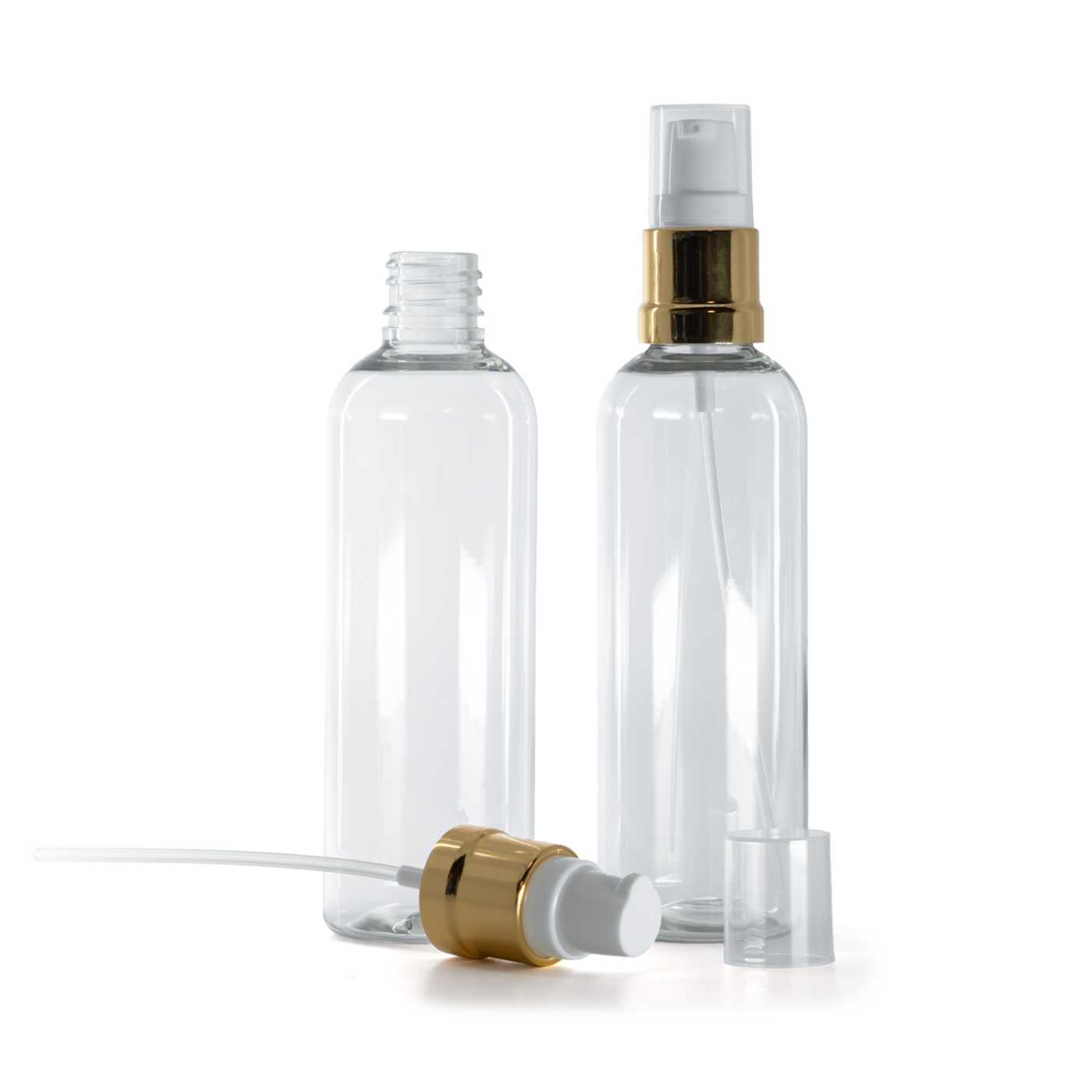Flacon en plastique transparent, distributeur blanc et or brillant, 100 ml