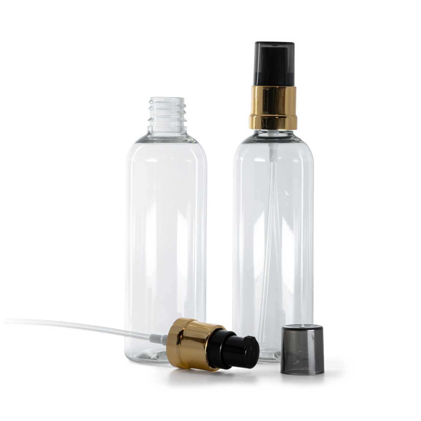 Flacon en plastique transparent, distributeur noir et or brillant avec surcapuchon fumé, 100 ml