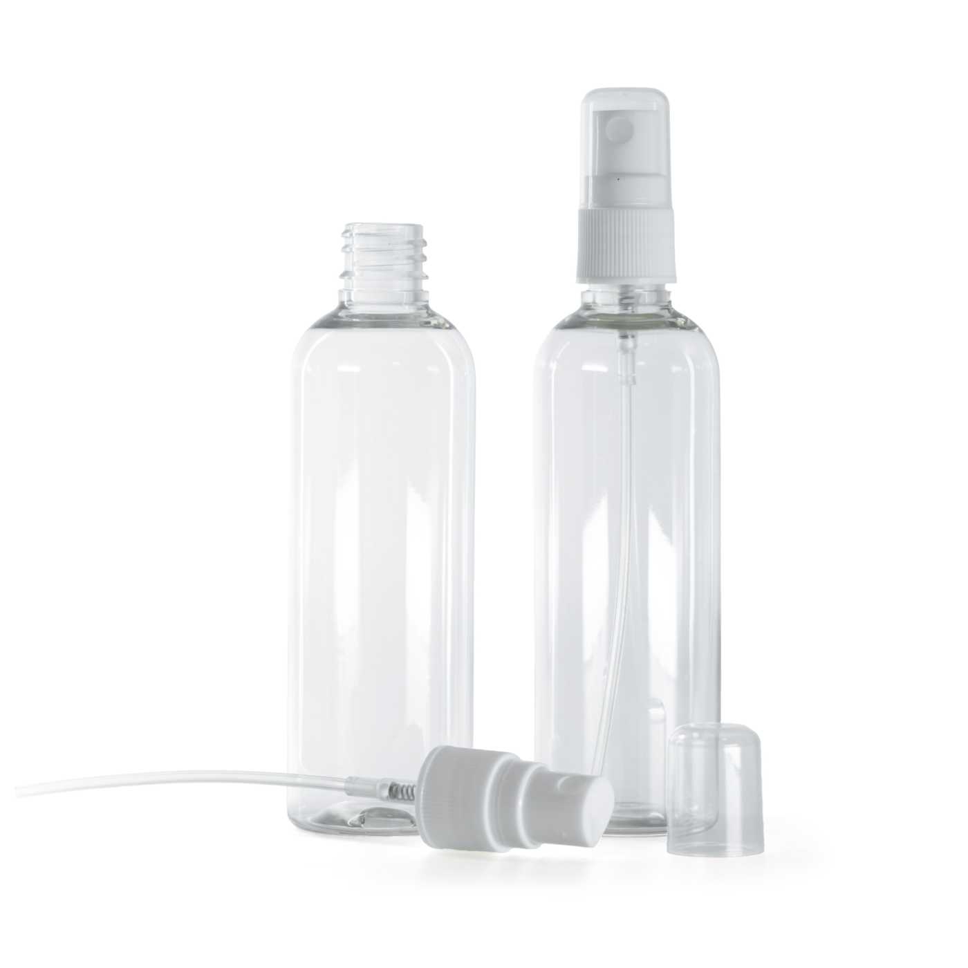 Flacon en plastique transparent avec vaporisateur blanc, 100 ml