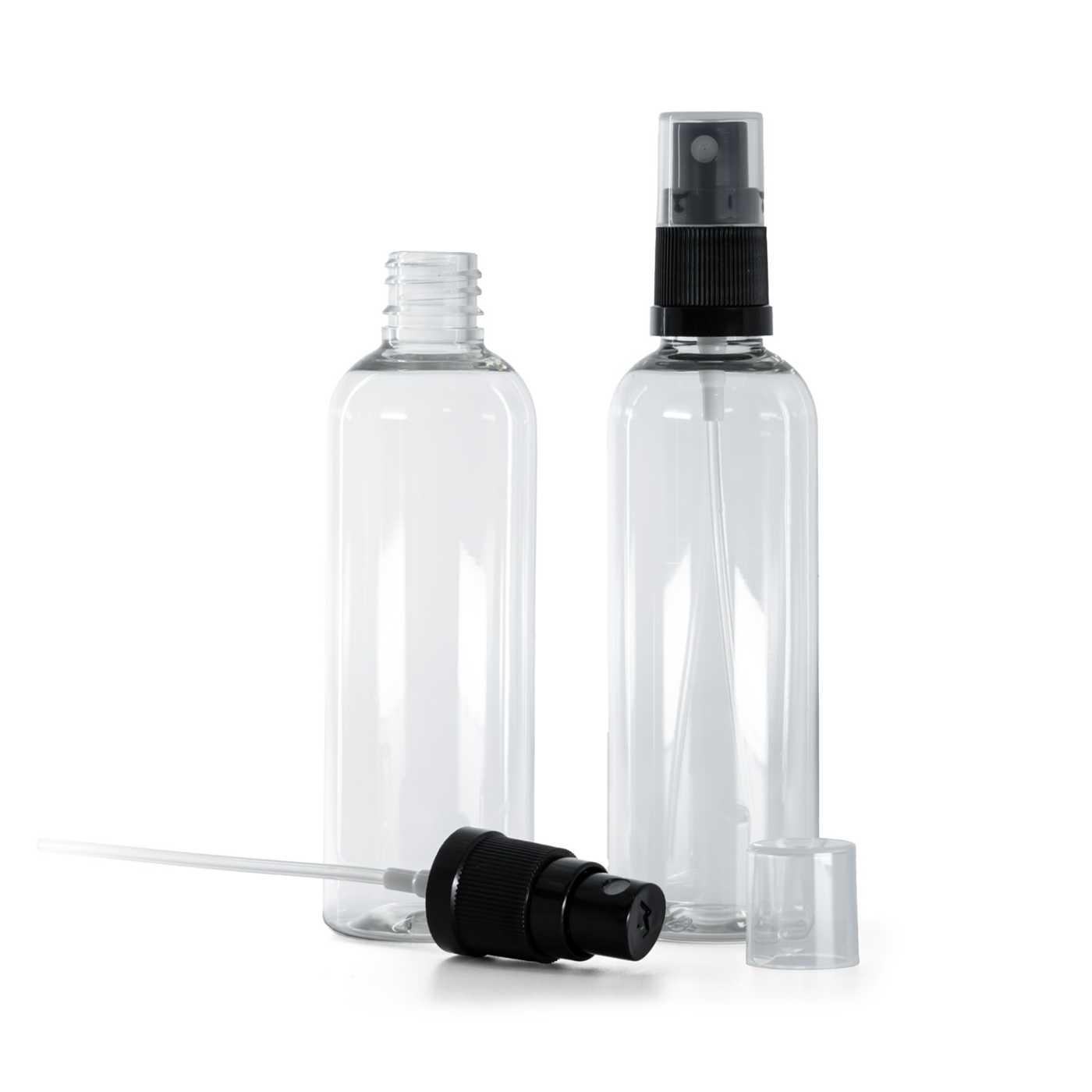 Flacon plastique transparent, pompe brumisateur noire, 100 ml