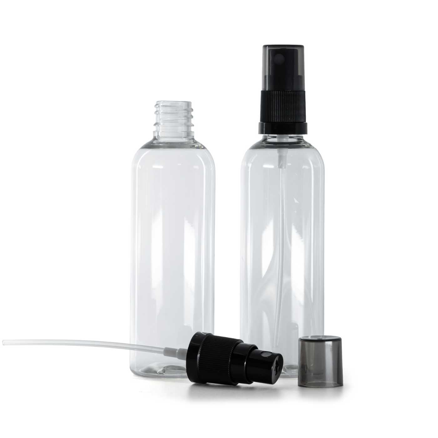 Flacon en plastique transparent, spray brume fine noir, surcapuchon fumé, 100 ml