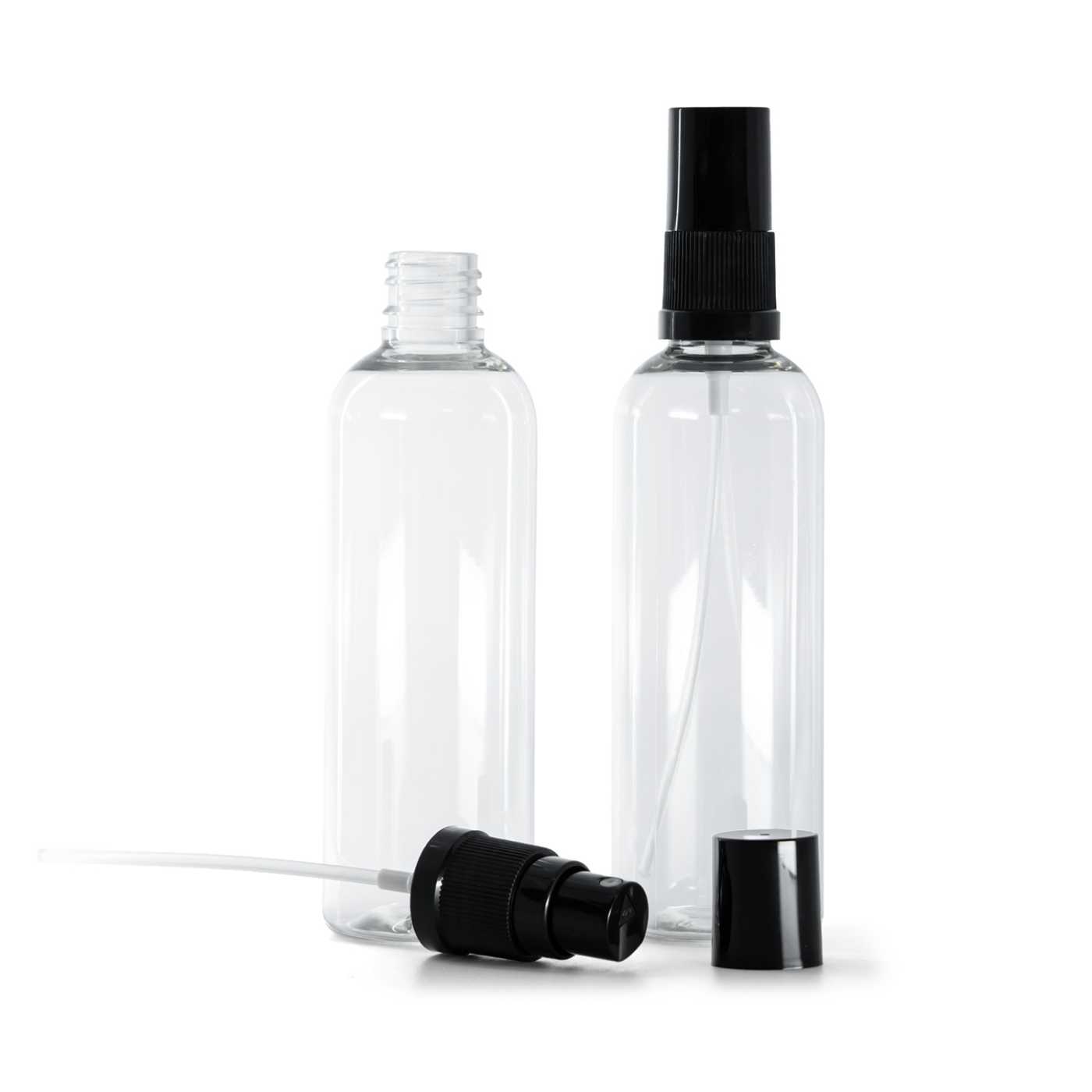 Flacon en plastique transparent, pompe spray fine noire, capot noir, 100 ml