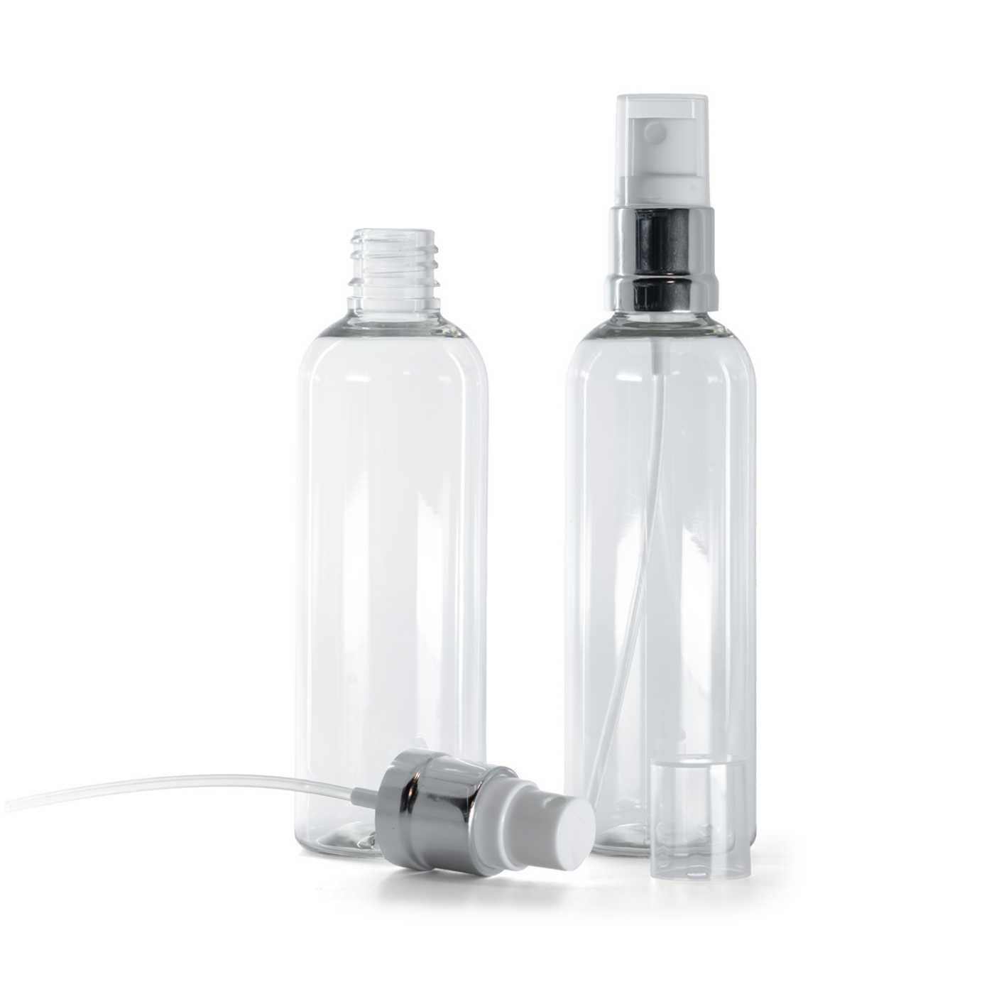 Flacon en plastique transparent, spray blanc-argenté, 100 ml