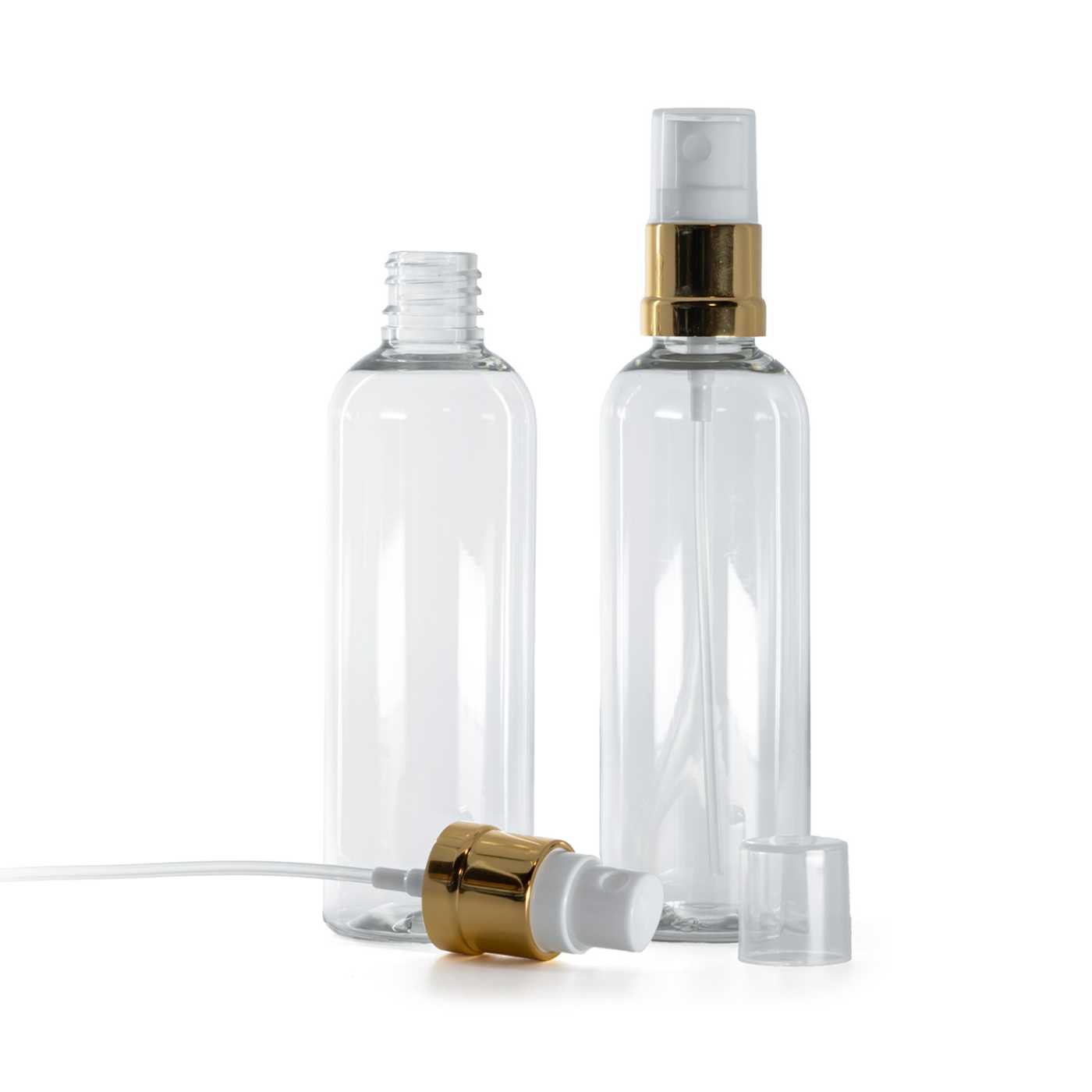 Flacon en plastique transparent, pompe spray blanc-or, 100 ml