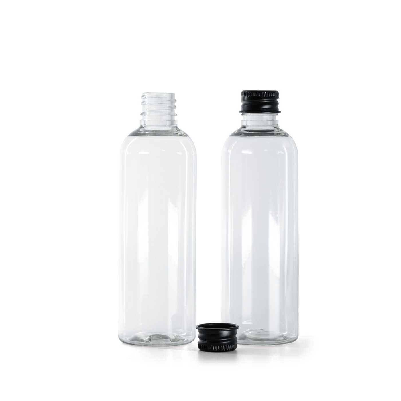 Flacon en plastique transparent, bouchon en aluminium noir, 100 ml