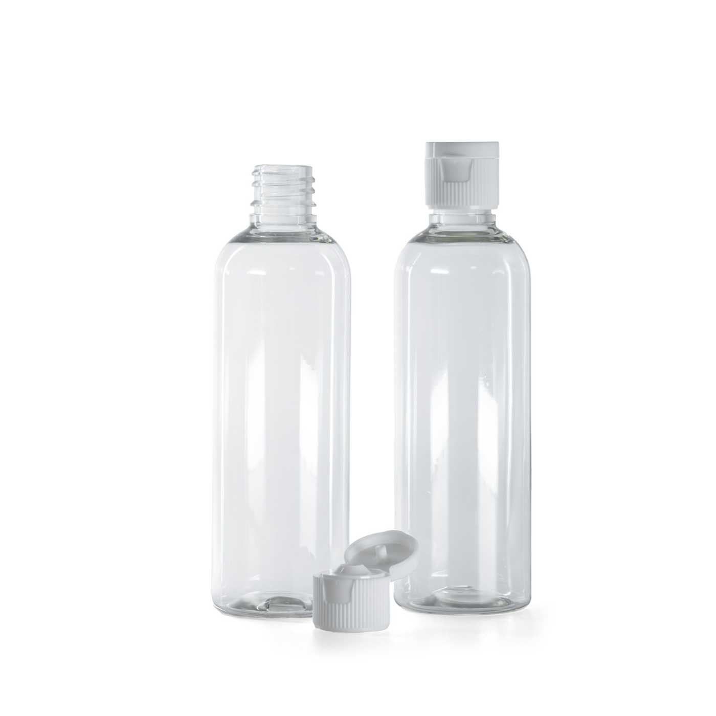 Flacon plastique transparent, bouchon flip-top blanc, 18/410, 100 ml