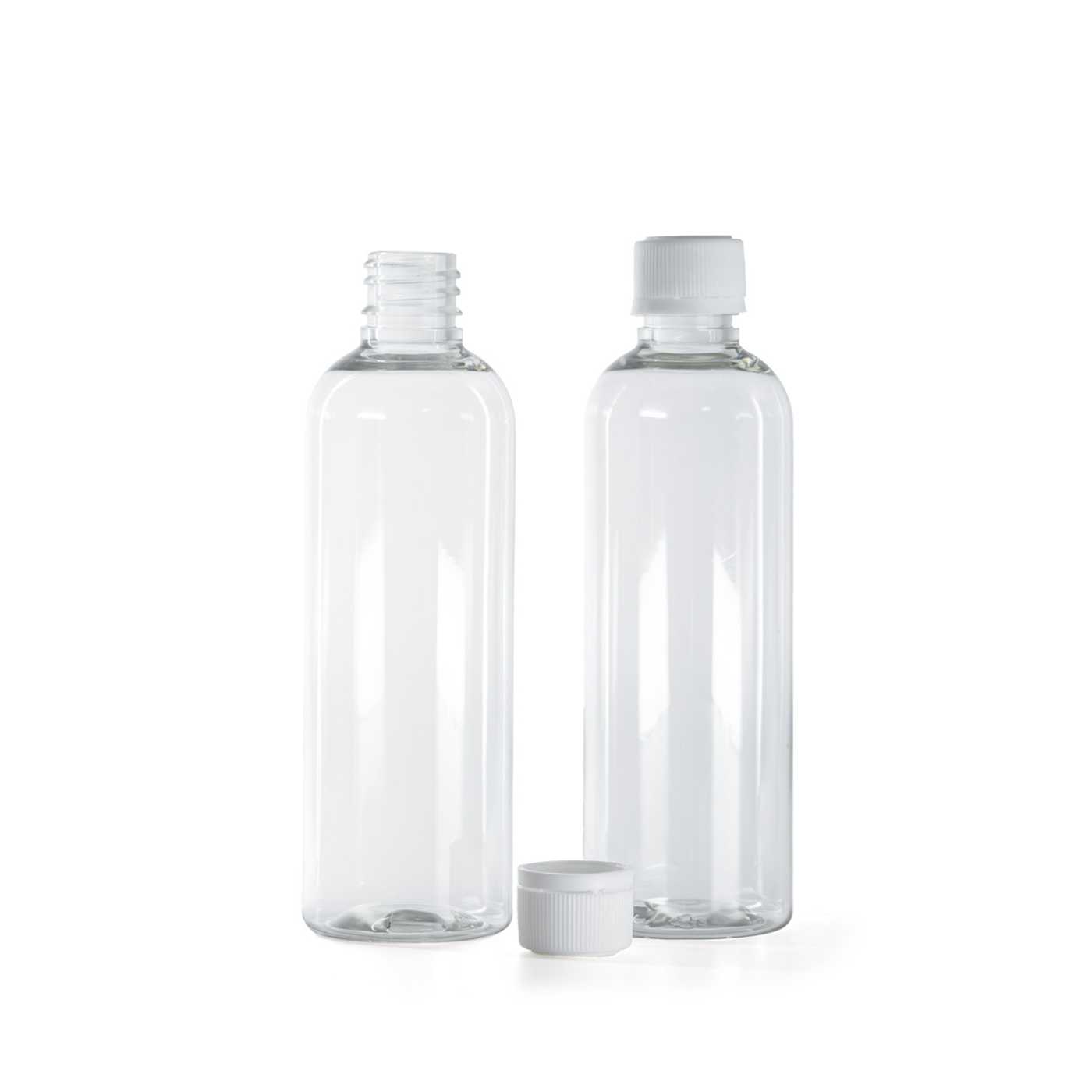 Flacon en plastique transparent, bouchon blanc avec bague inviolable, 100 ml