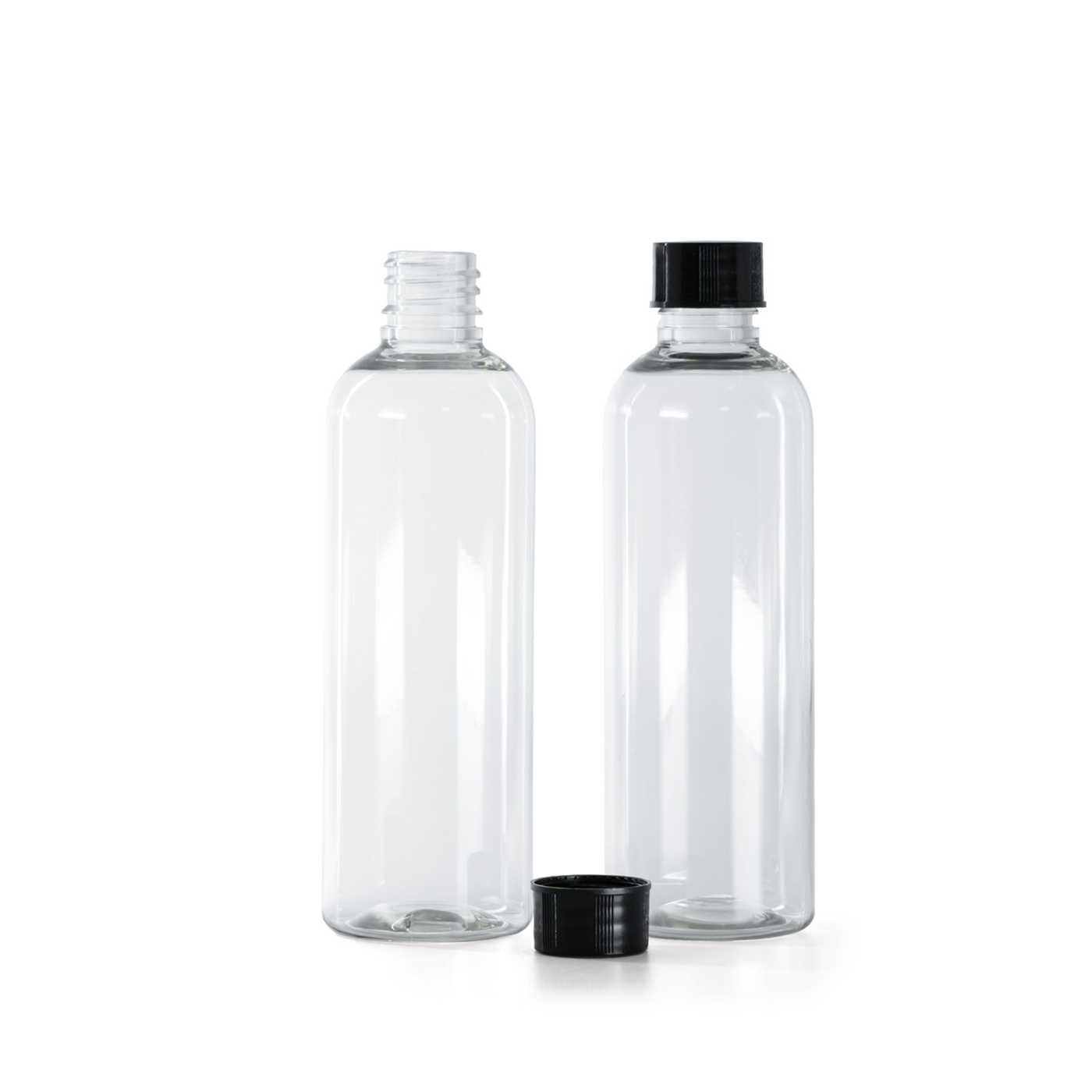 Flacon en plastique transparent, capsule noire type 2, 100 ml