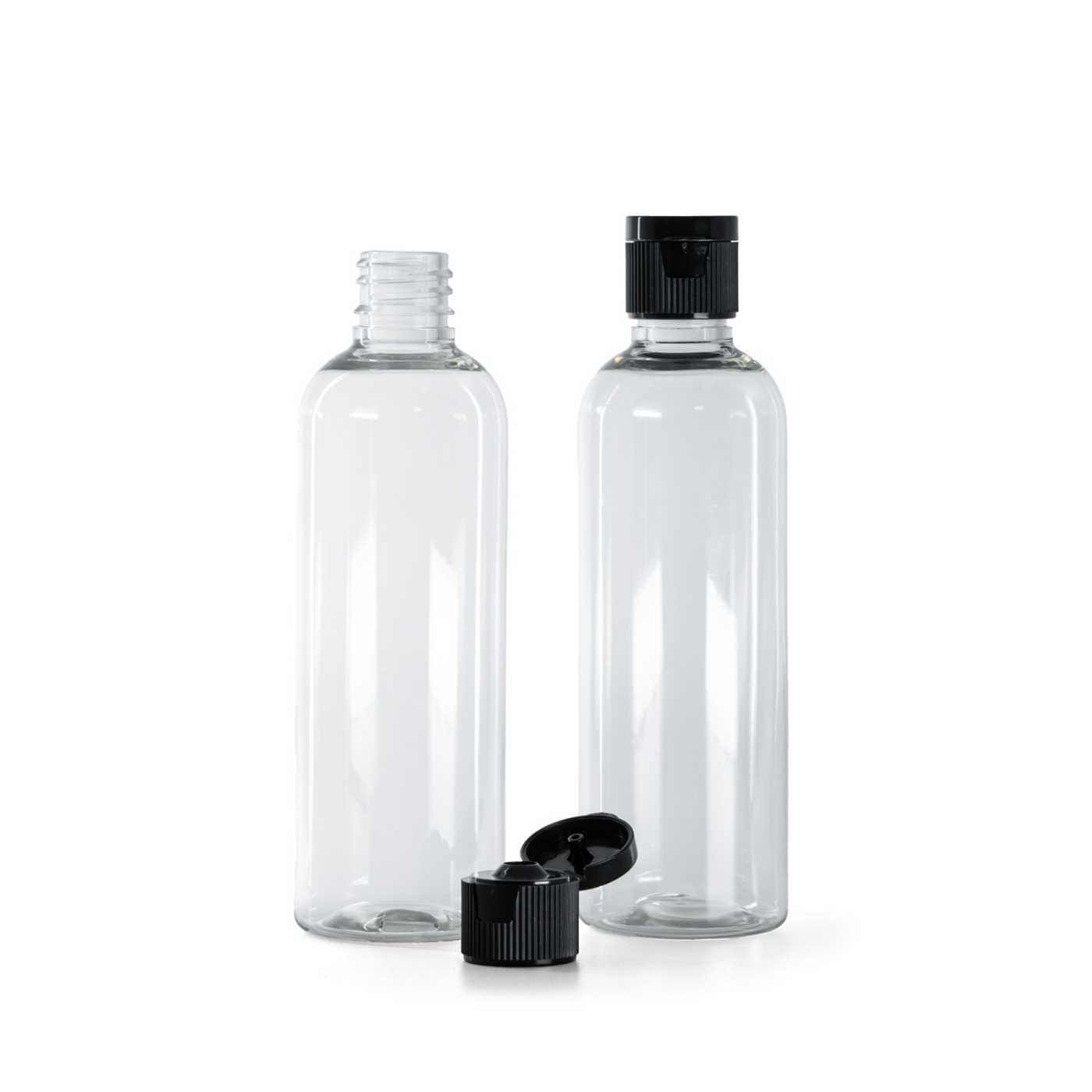 Átlátszó műanyag palack, fekete műanyag flip-top kupak, 18/410, 100 ml