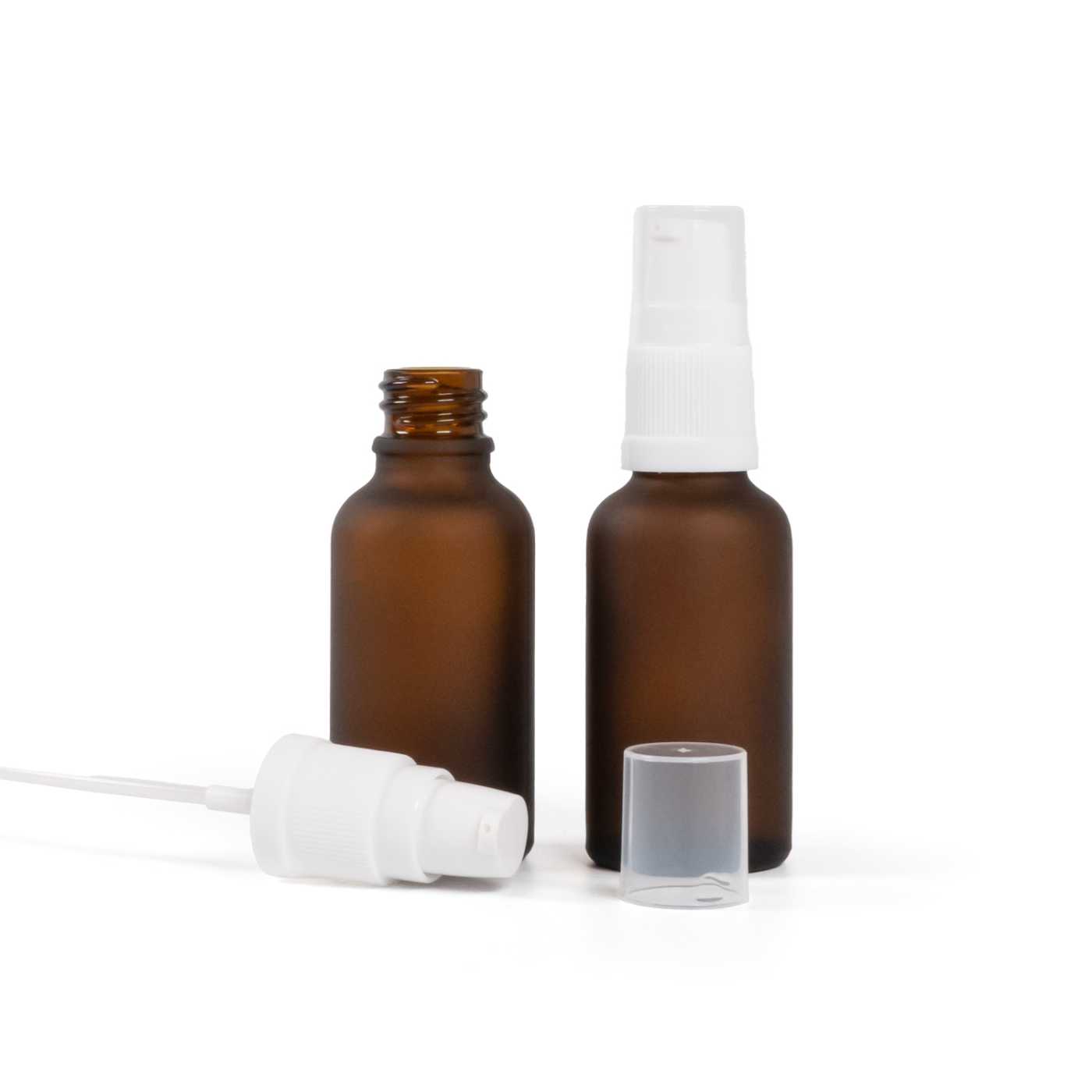 Flacon en verre ambré mat avec pompe blanche, 30 ml