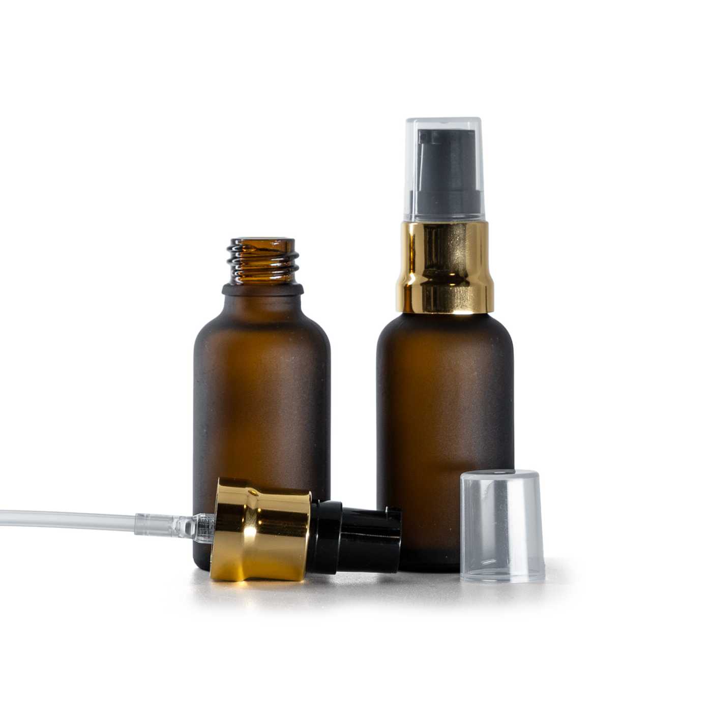 Butelka szklana amber, matowa, błyszcząca czarno-złota pompka z przezroczystą nakładką, 30 ml