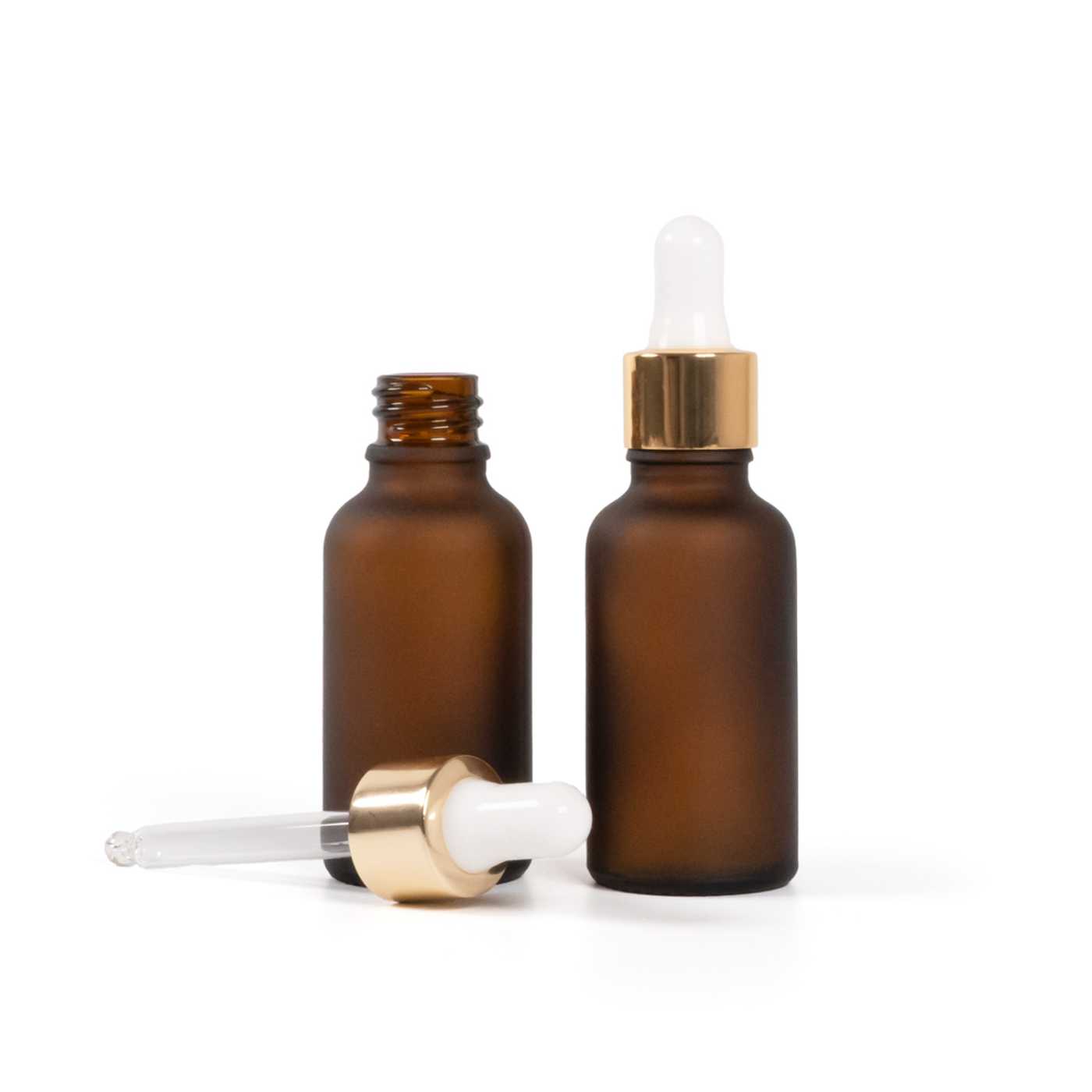 Matná hnědá skleněná lahvička s bílo-zlatým kapátkem 30 ml
