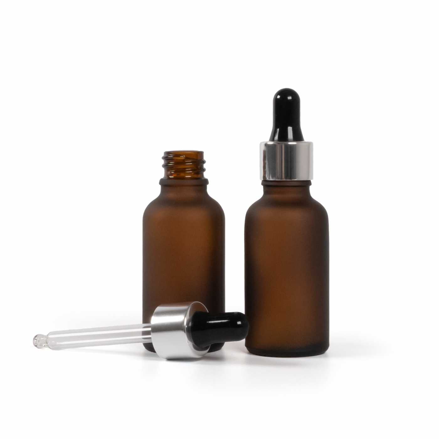 Matná hnědé skleněná lahvička s černo‑stříbrným kapátkem, 30 ml