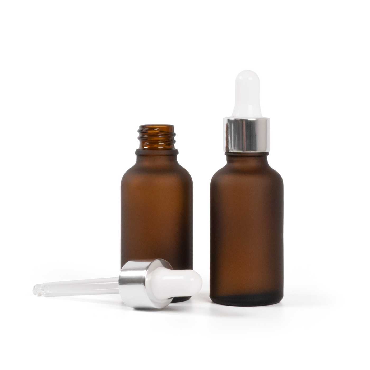 Matná skleněná lahvička, lesklá stříbrná pipeta, 30 ml
