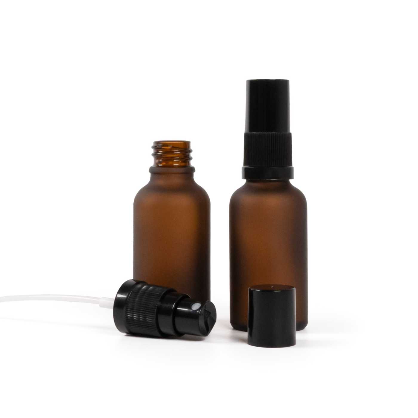 Butelka szklana amber, matowa, czarny atomizer, czarna nakładka, 30 ml