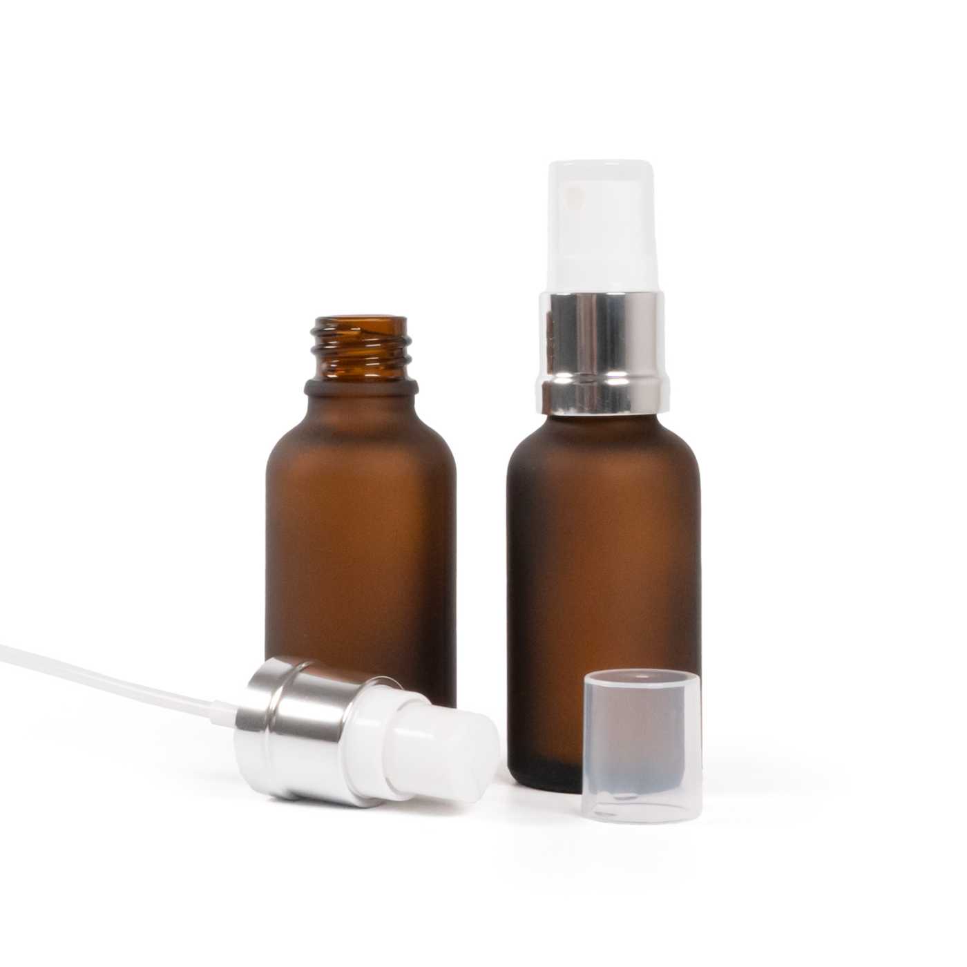 Butelka szklana apteczna matowa, biało-srebrny atomizer, 30 ml