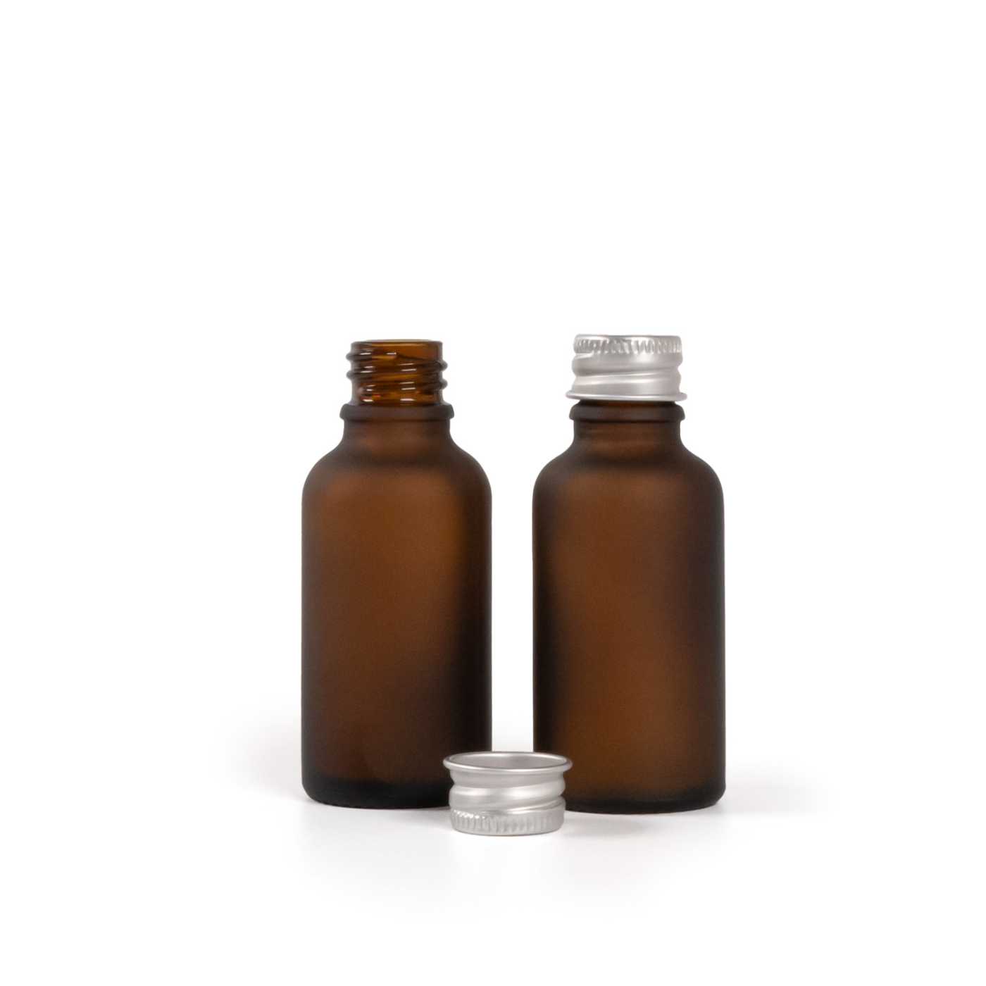 Butelka szklana amber, matowa, srebrna nakrętka aluminiowa, 30 ml