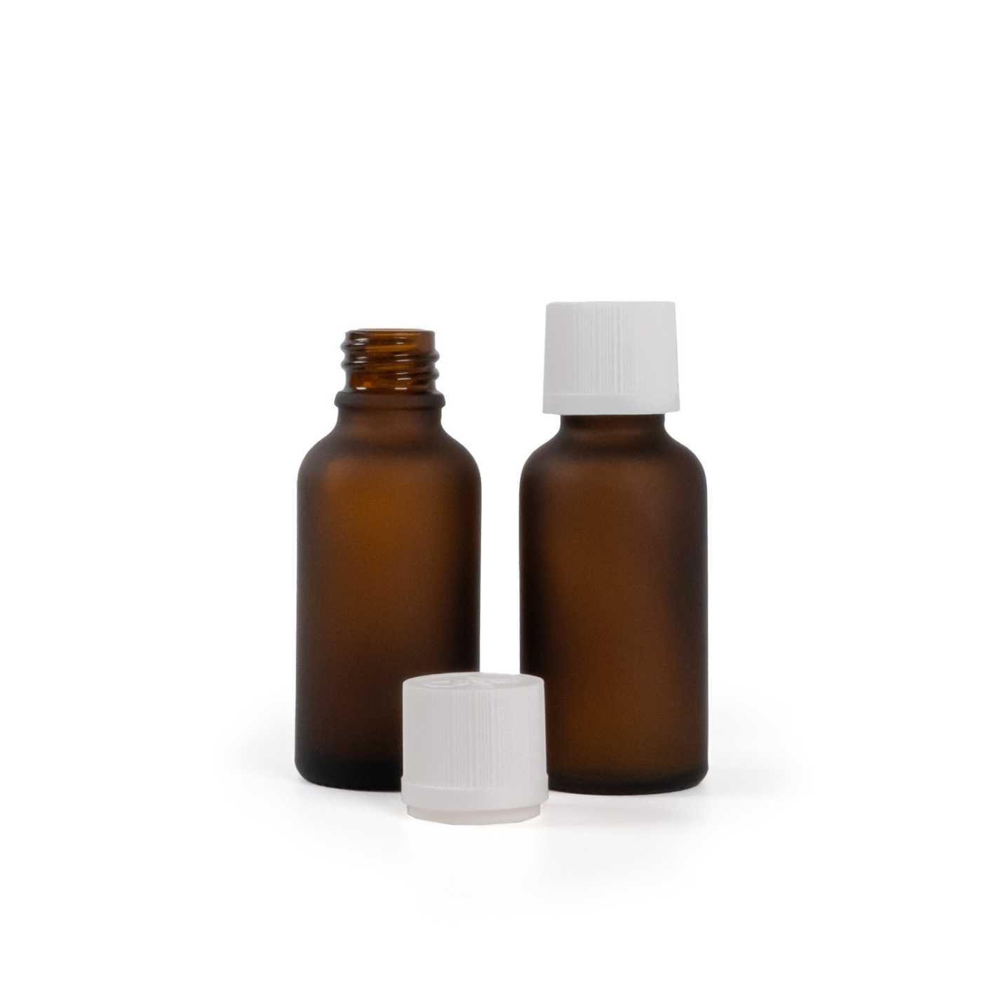 Botella de vidrio ámbar mate, tapón de seguridad inviolable blanco con cuentagotas, 30 ml