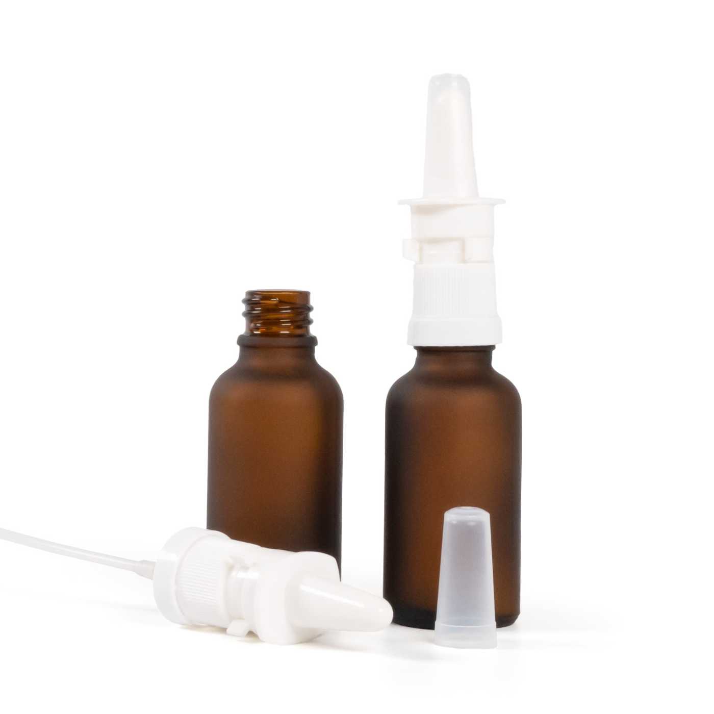 Butelka szklana amber, matowa, biały spray do nosa, 30 ml