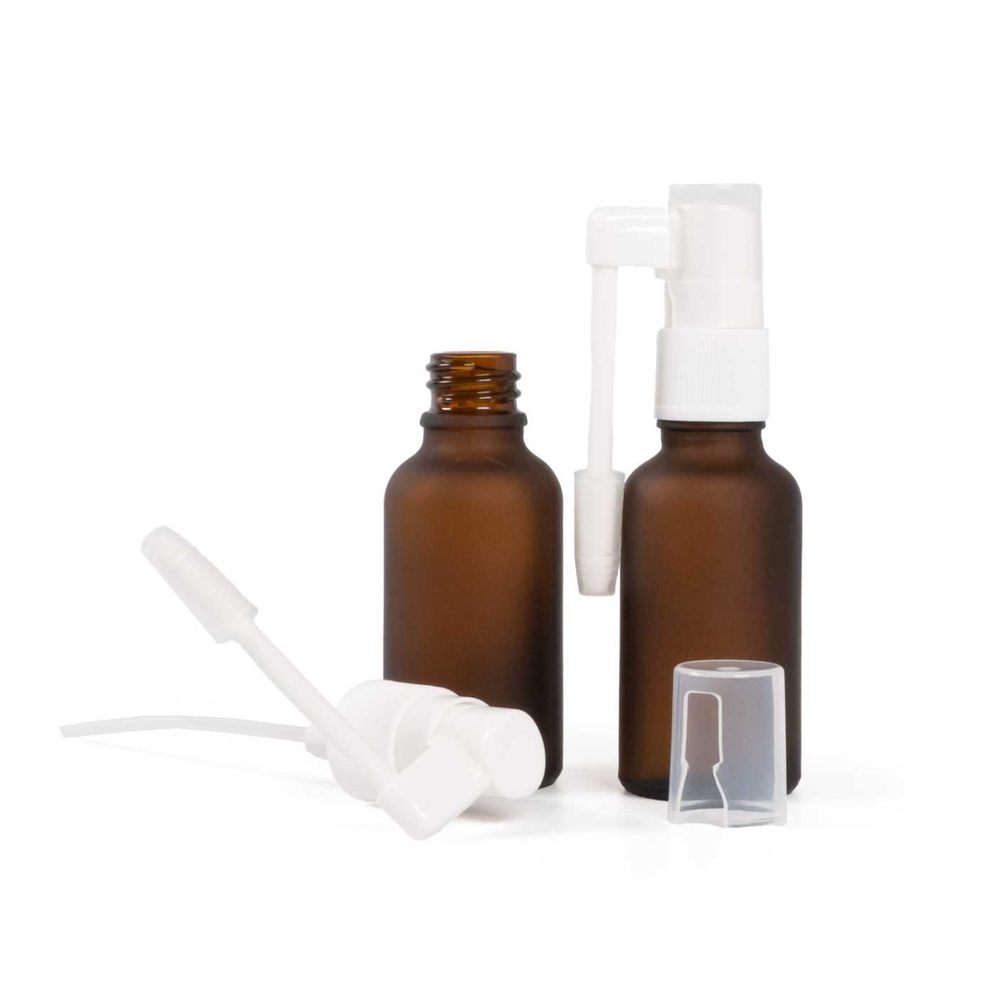Matná hnědá skleněná lahvička, sprej do krku, 30 ml