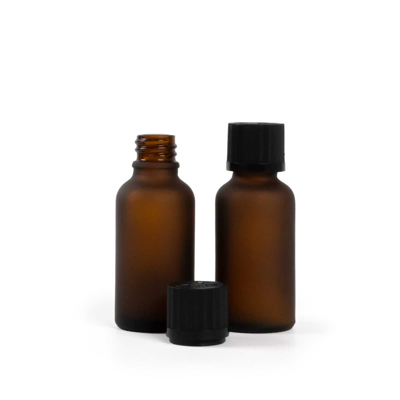 Matná hnědá skleněná lahvička, černé bezpečnostní víčko s kapátkem, 30 ml