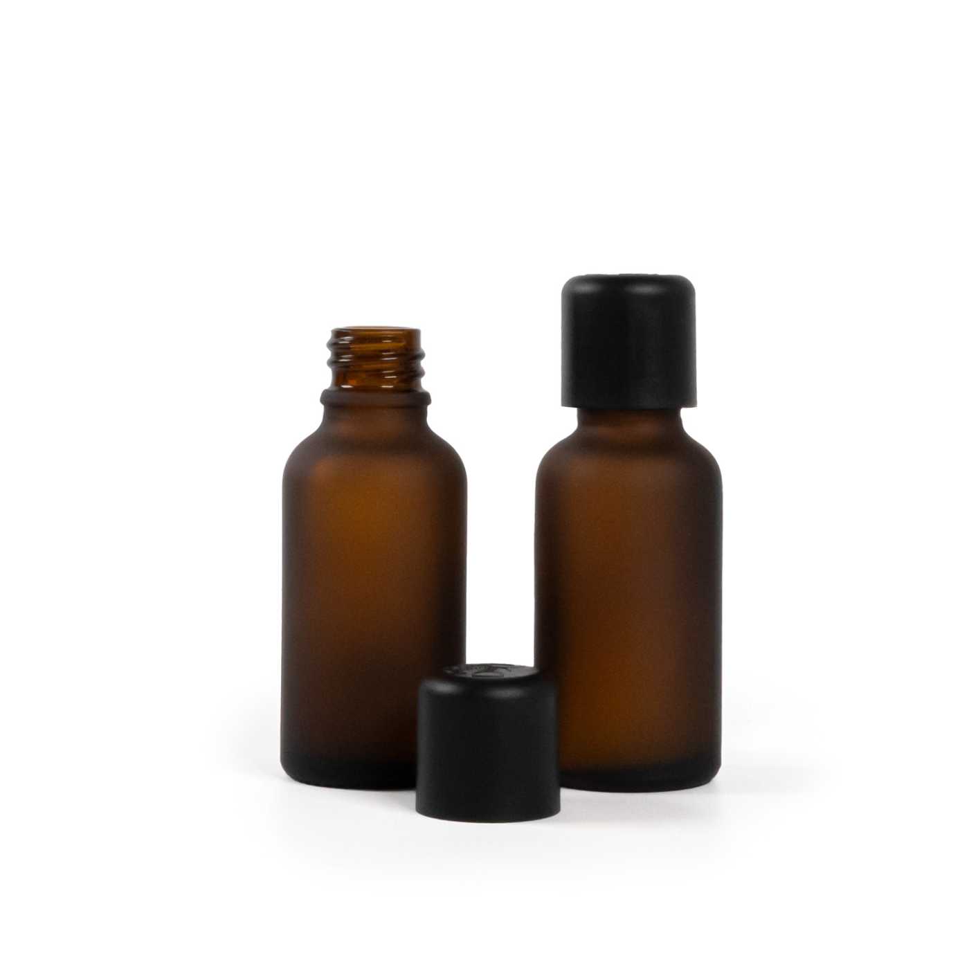 Butelka szklana amber, matowa, czarna nakrętka z zabezpieczeniem i kroplomierzem, 30 ml