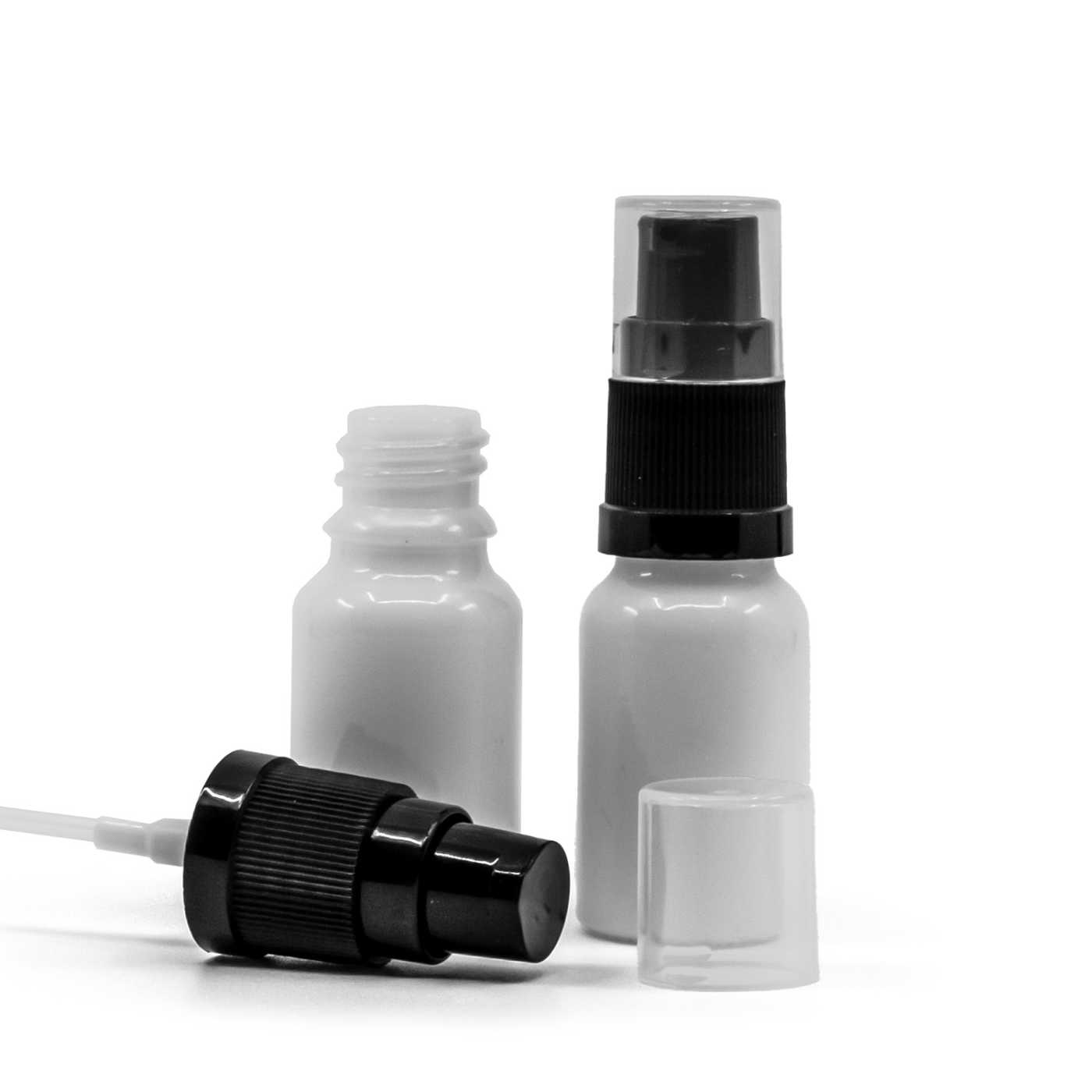 Bílá skleněná lahvička s dávkovačem krému 10 ml