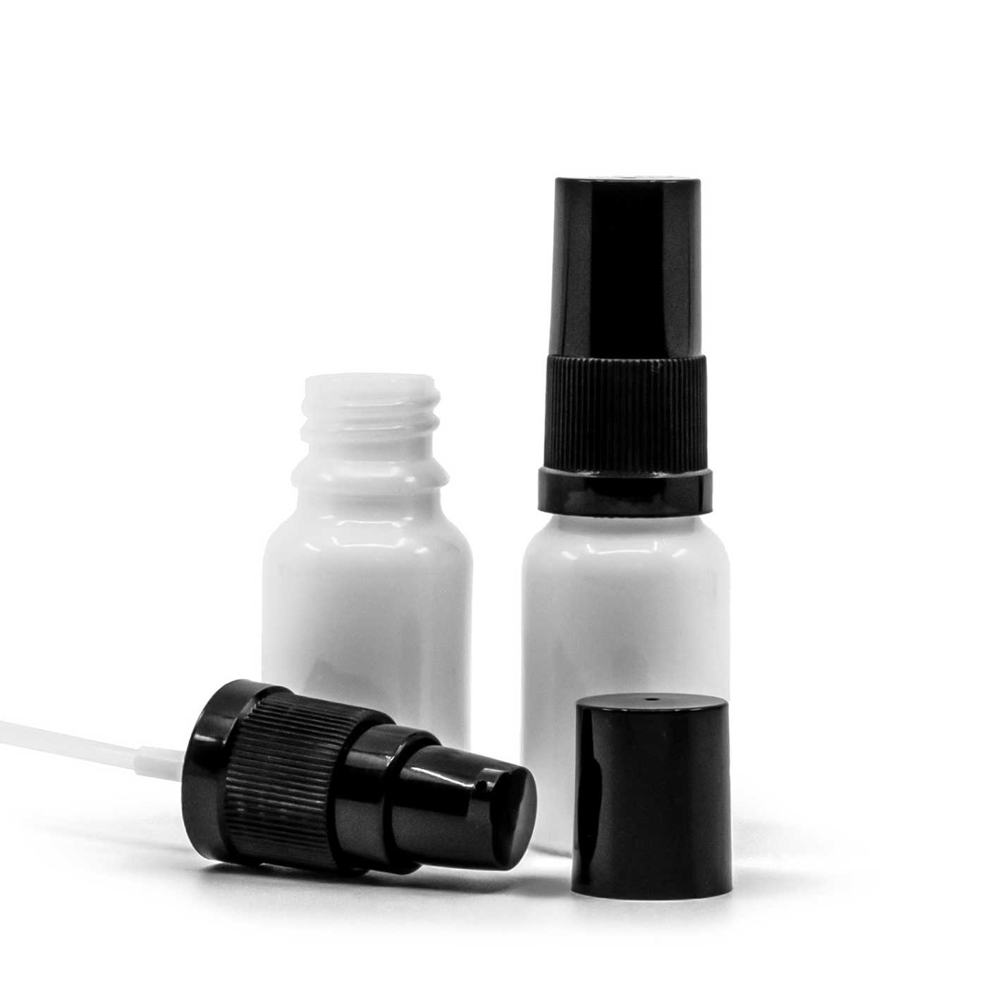 Sklenená fľaška, liekovka, biela, dávkovač krémov s čiernym vrchom, 10 ml