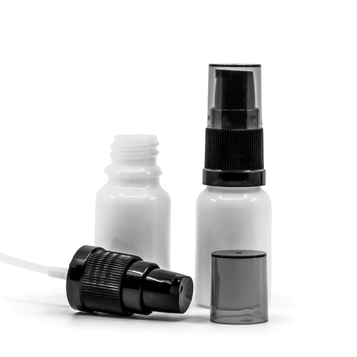 Sklenená fľaška, liekovka, biela, dávkovač krémov s dymovým krytom, 10 ml