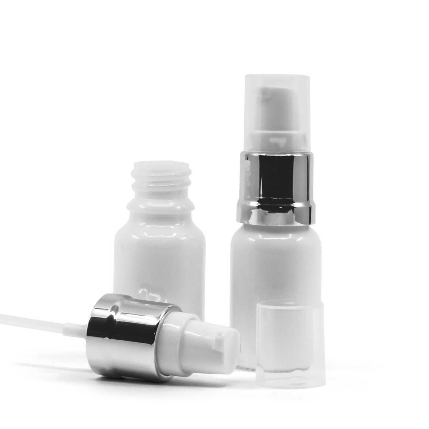 Sklenená fľaška, liekovka, biela, bielo-strieborný lesklý dávkovač, 10 ml