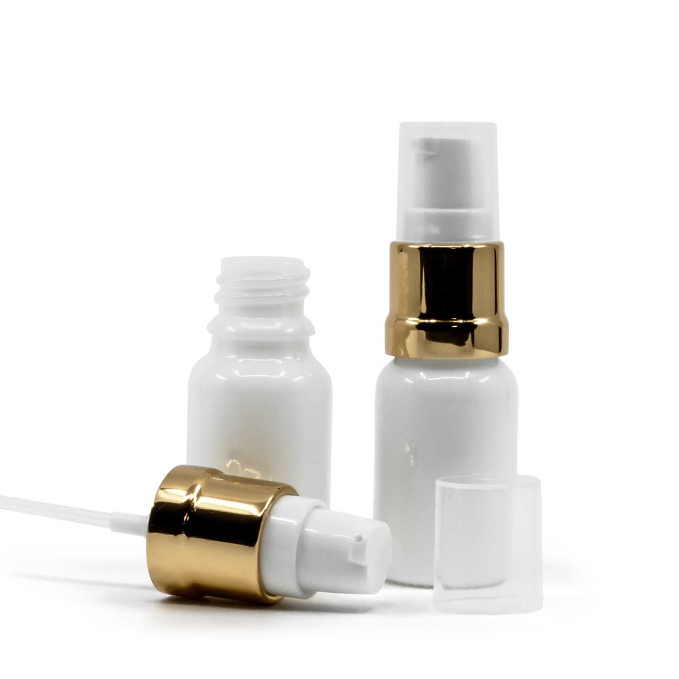 Sklenená fľaška, liekovka, biela, bielo-zlatý lesklý dávkovač, 10 ml