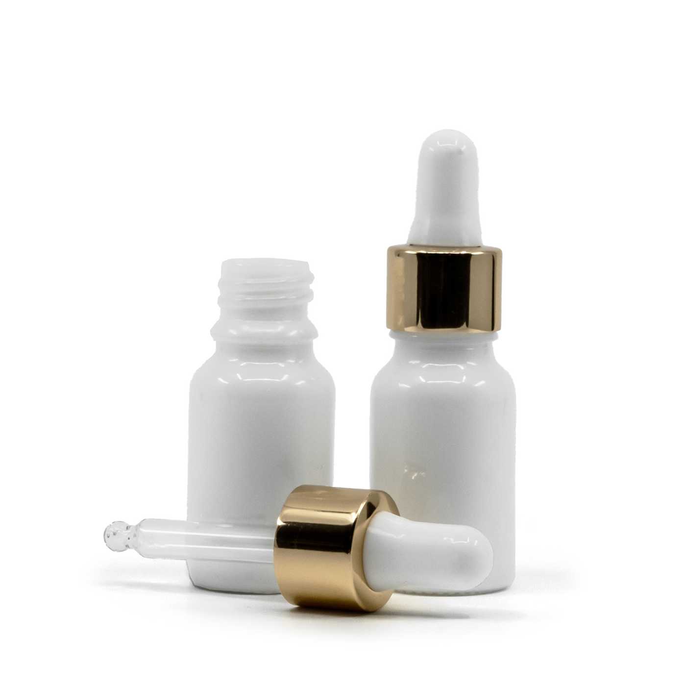 Butelka szklana, biała, biało-złoty kroplomierz, 10 ml