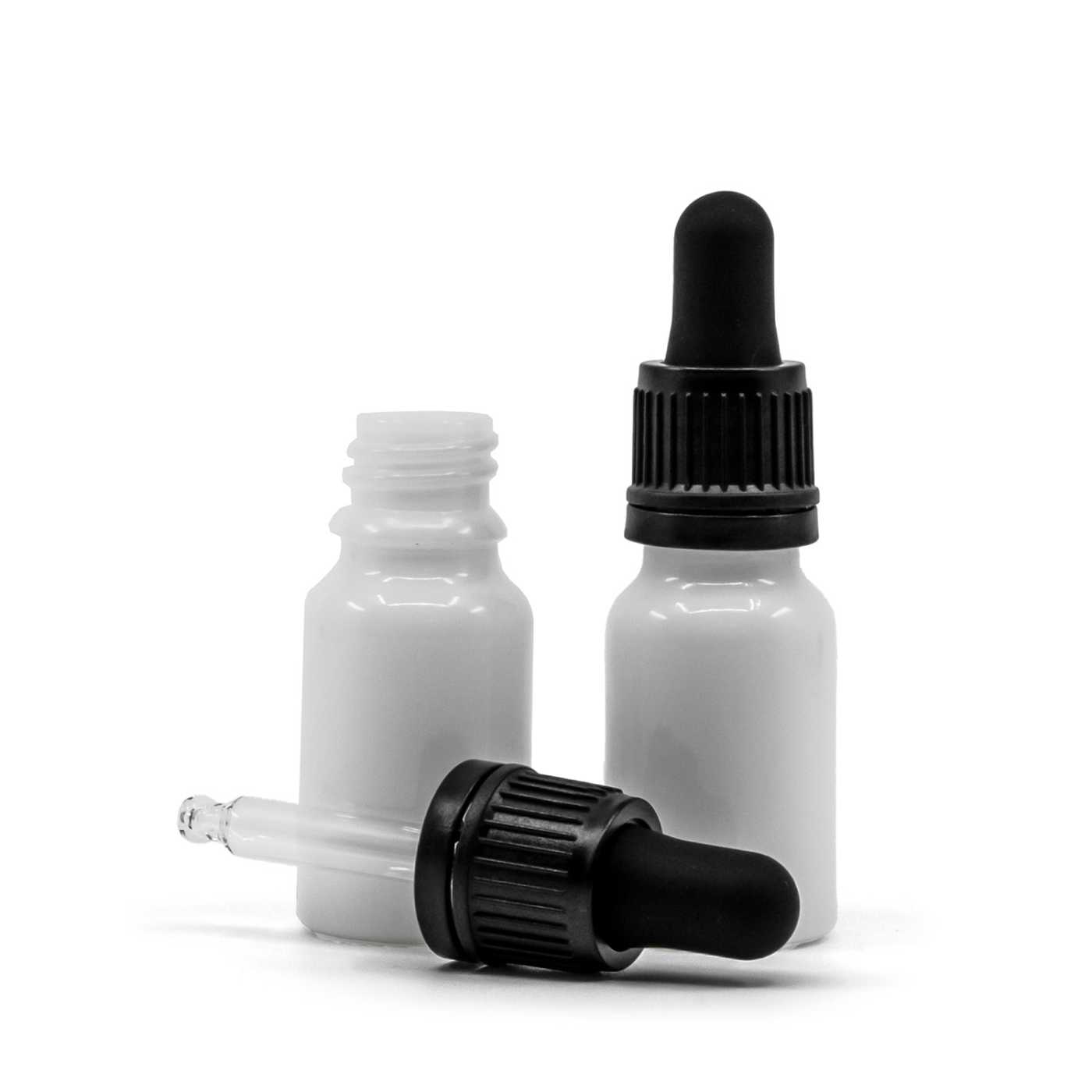 Sklenená fľaška, biela, čierne kvapátko, 10 ml