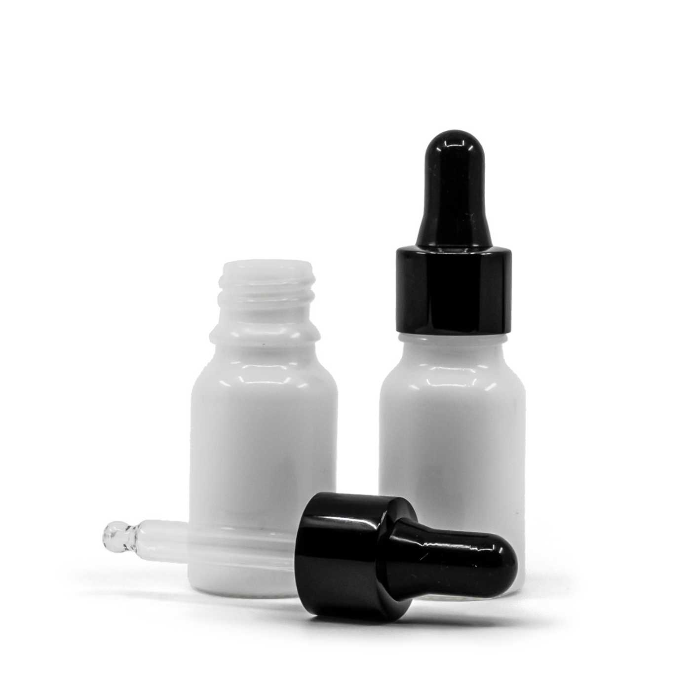 Sklenená fľaška, biela, čierne lesklé kvapátko, 10 ml