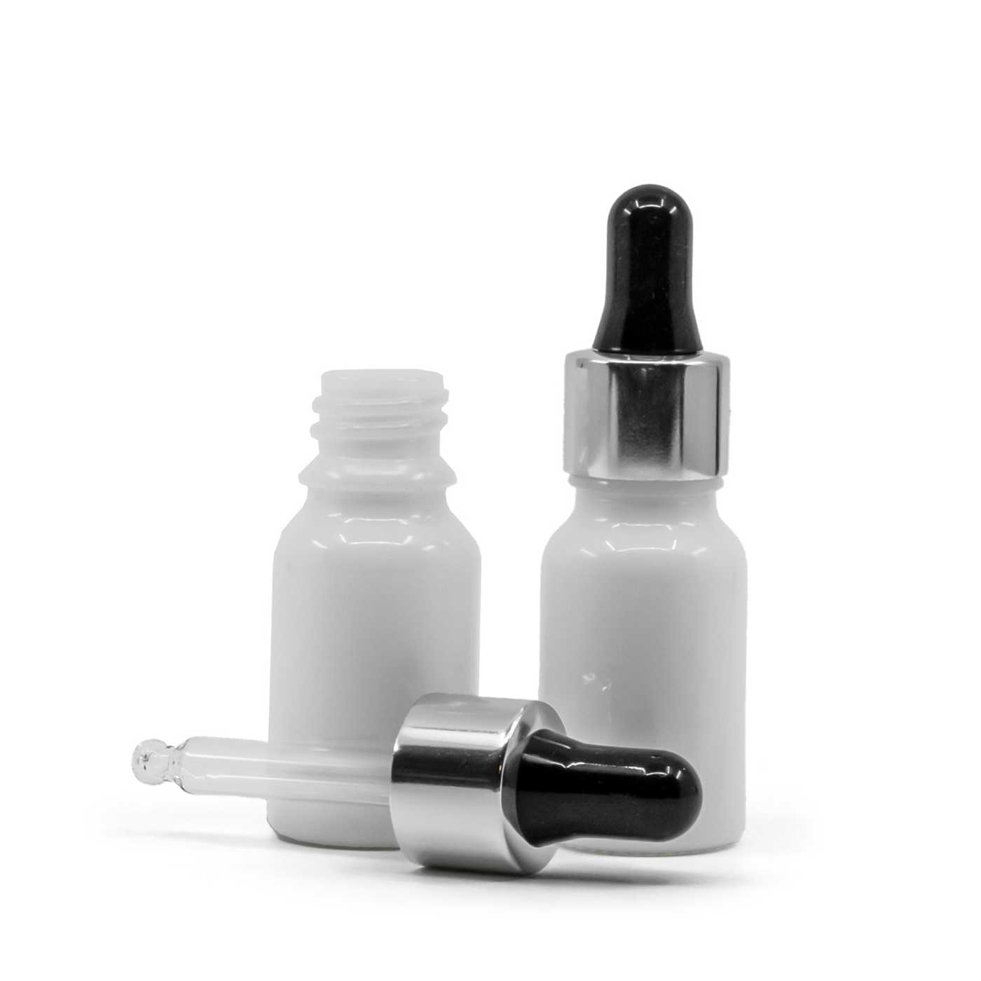 Sklenená fľaška, biela, čierno-strieborné kvapátko, 10 ml