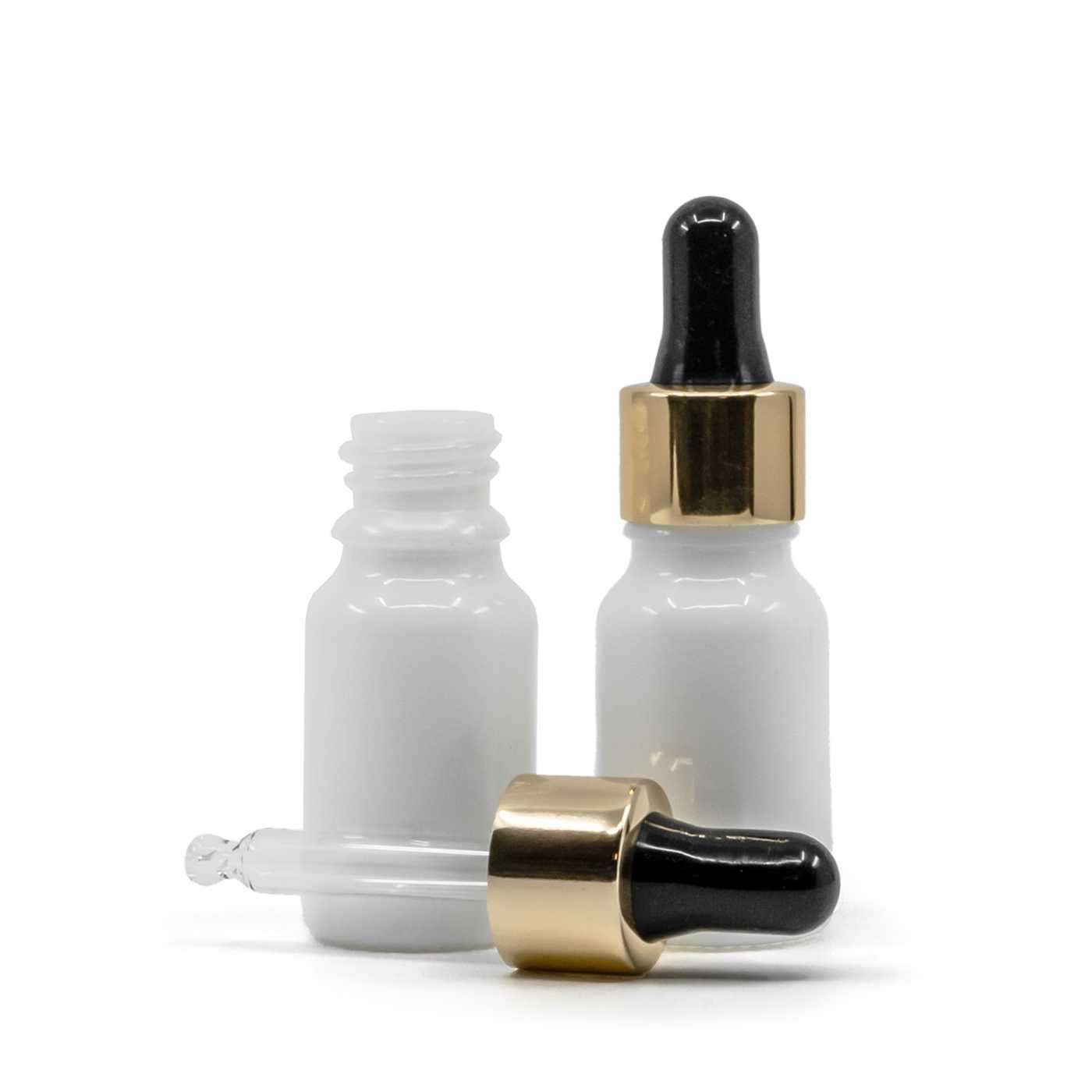 Butelka szklana, biała, czarno-złoty kroplomierz, 10 ml