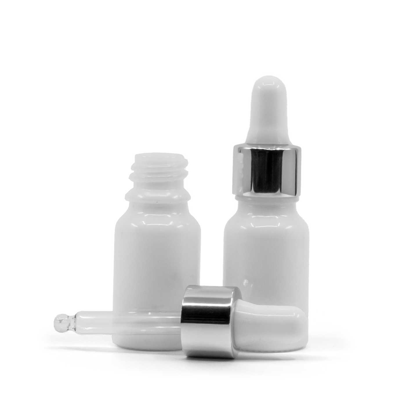 Sklenená fľaška, biela, strieborné kvapátko, 10 ml