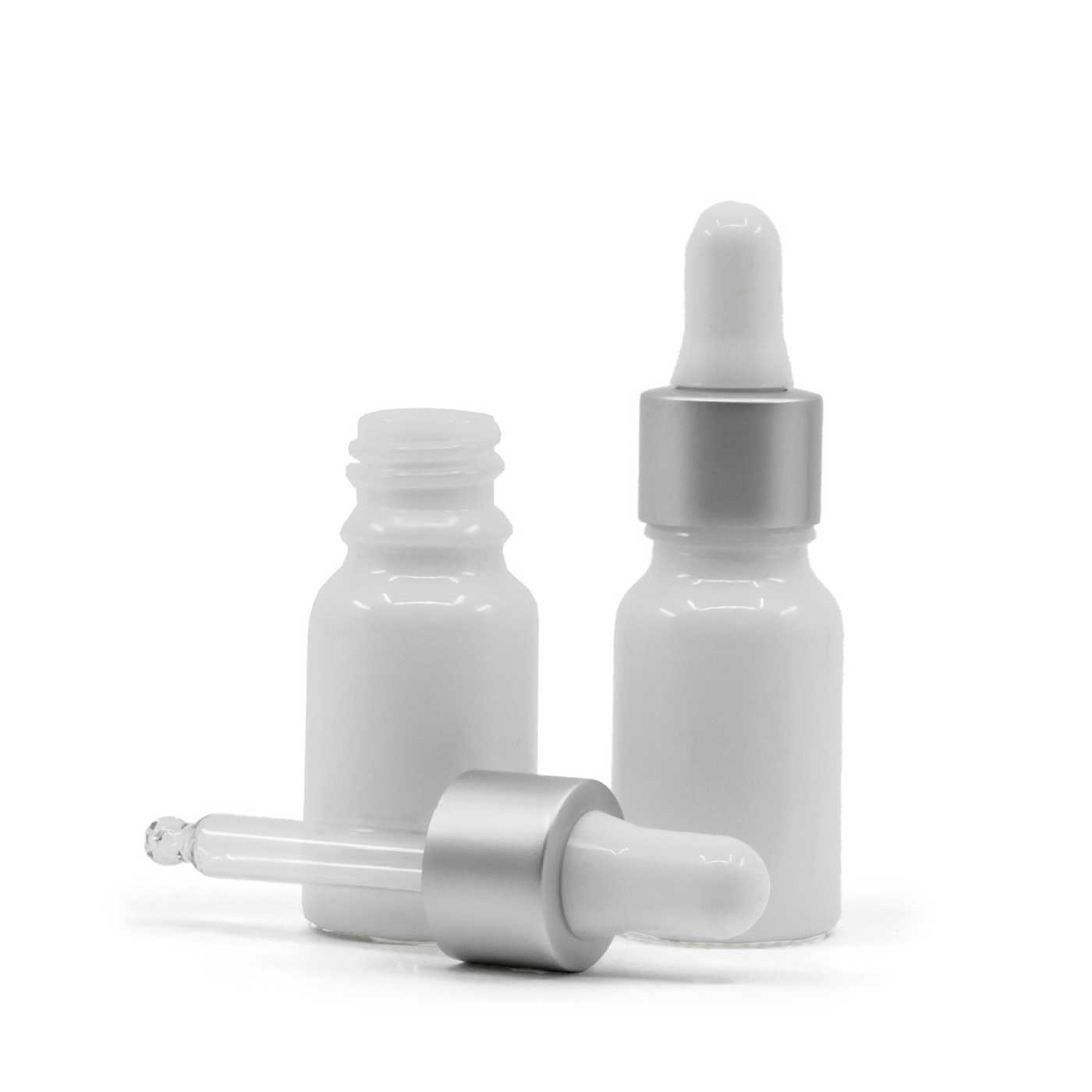 Sklenená fľaška, biela, strieborné matné kvapátko, 10 ml