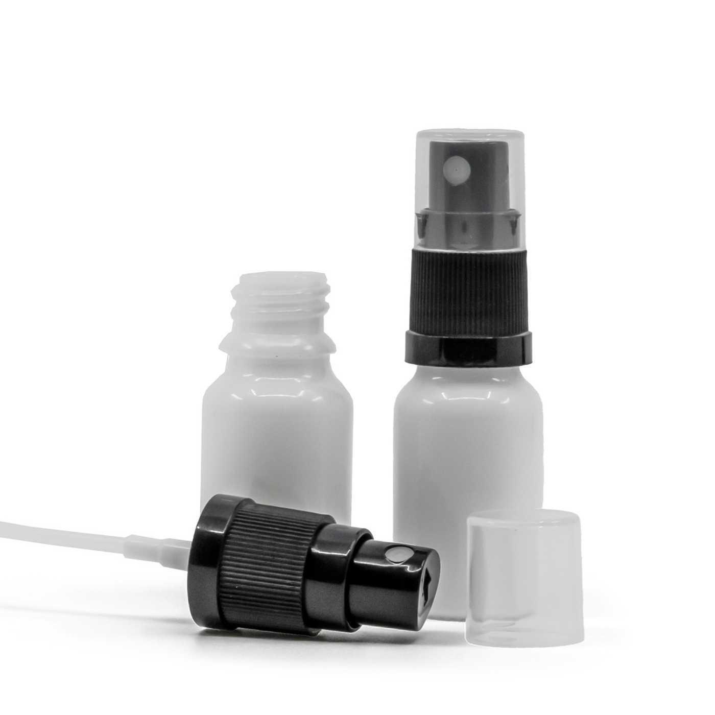 Sklenená fľaška, biela, čierny rozprašovač, 10 ml