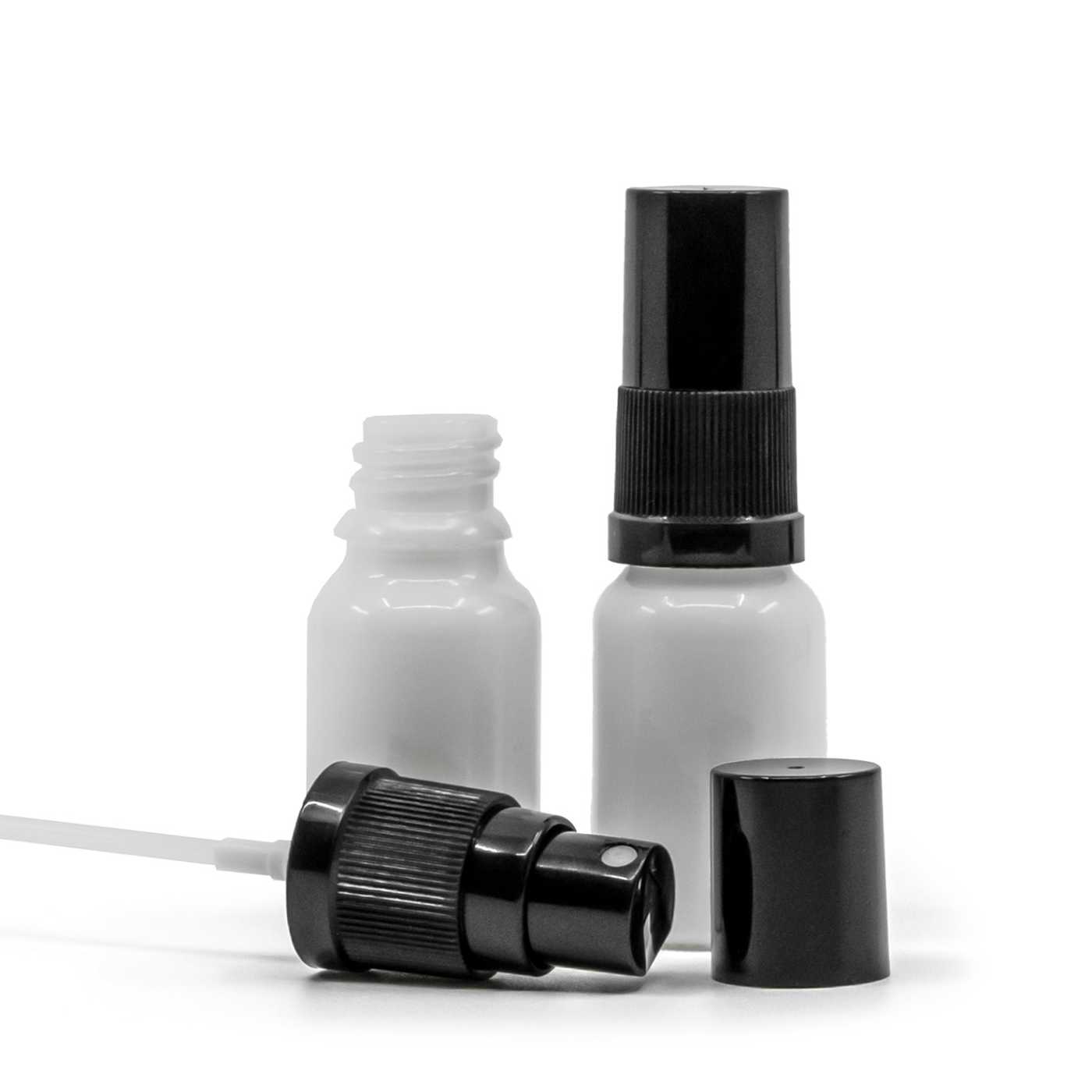 Sklenená fľaška, biela, čierny rozprašovač, čierny vrch, 10 ml