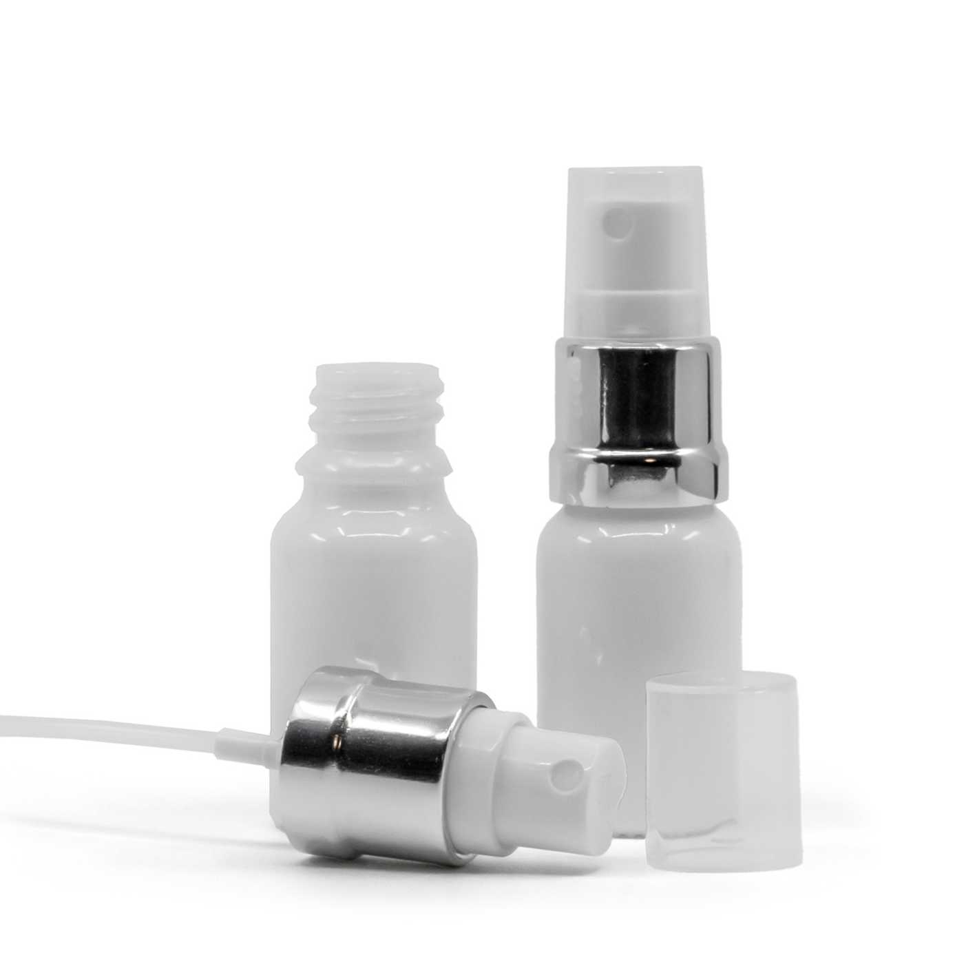 Sklenená fľaška, biela, bielo-strieborný rozprašovač, 10 ml