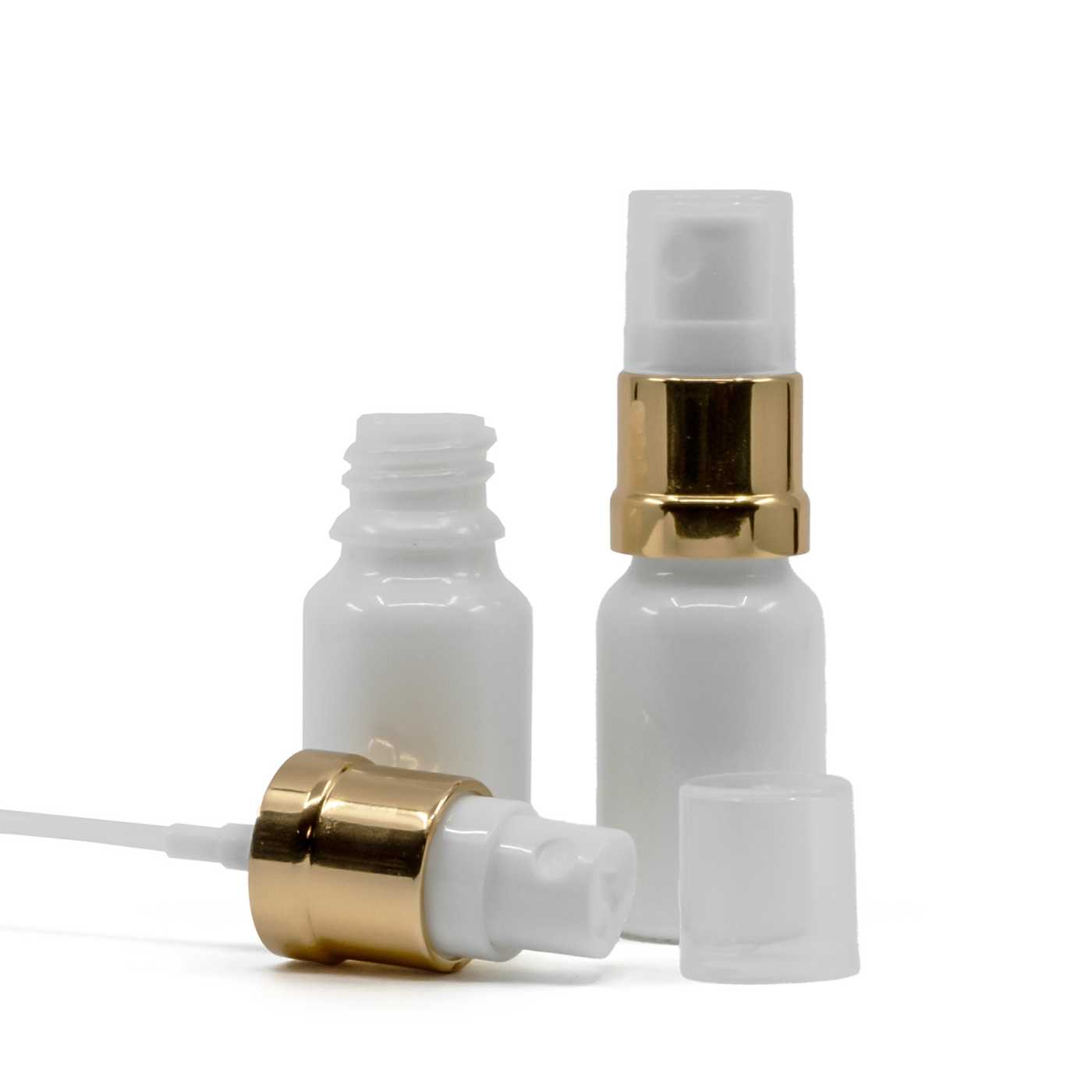 Butelka szklana, biała, biało-złoty atomizer, 10 ml
