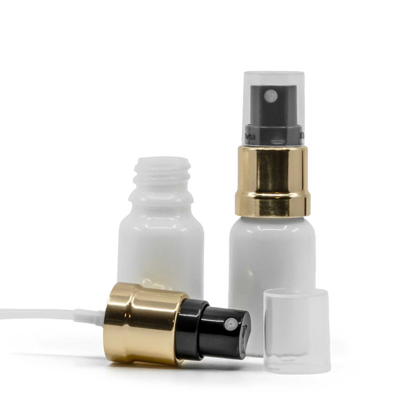 Butelka szklana, biała, czarno-złoty atomizer, 10 ml