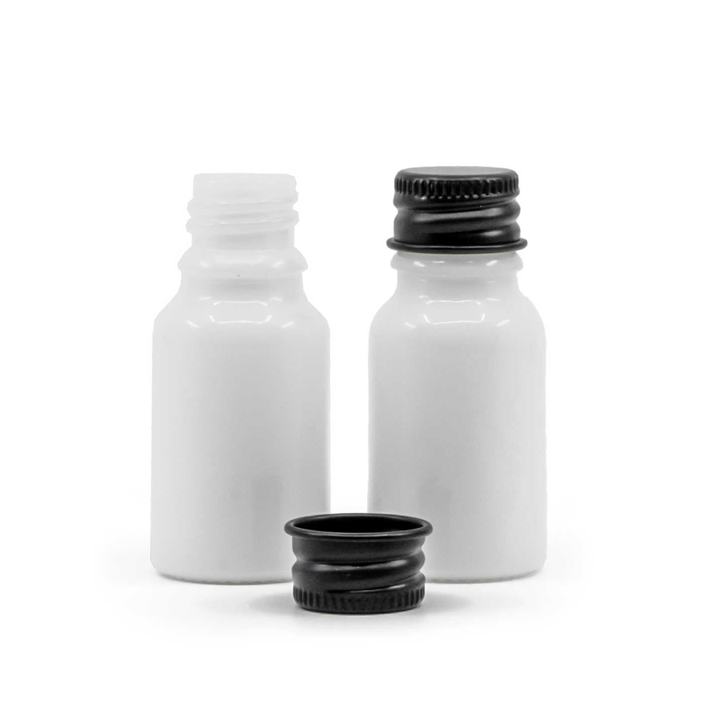 Butelka szklana, biała, czarna nakrętka aluminiowa, 10 ml
