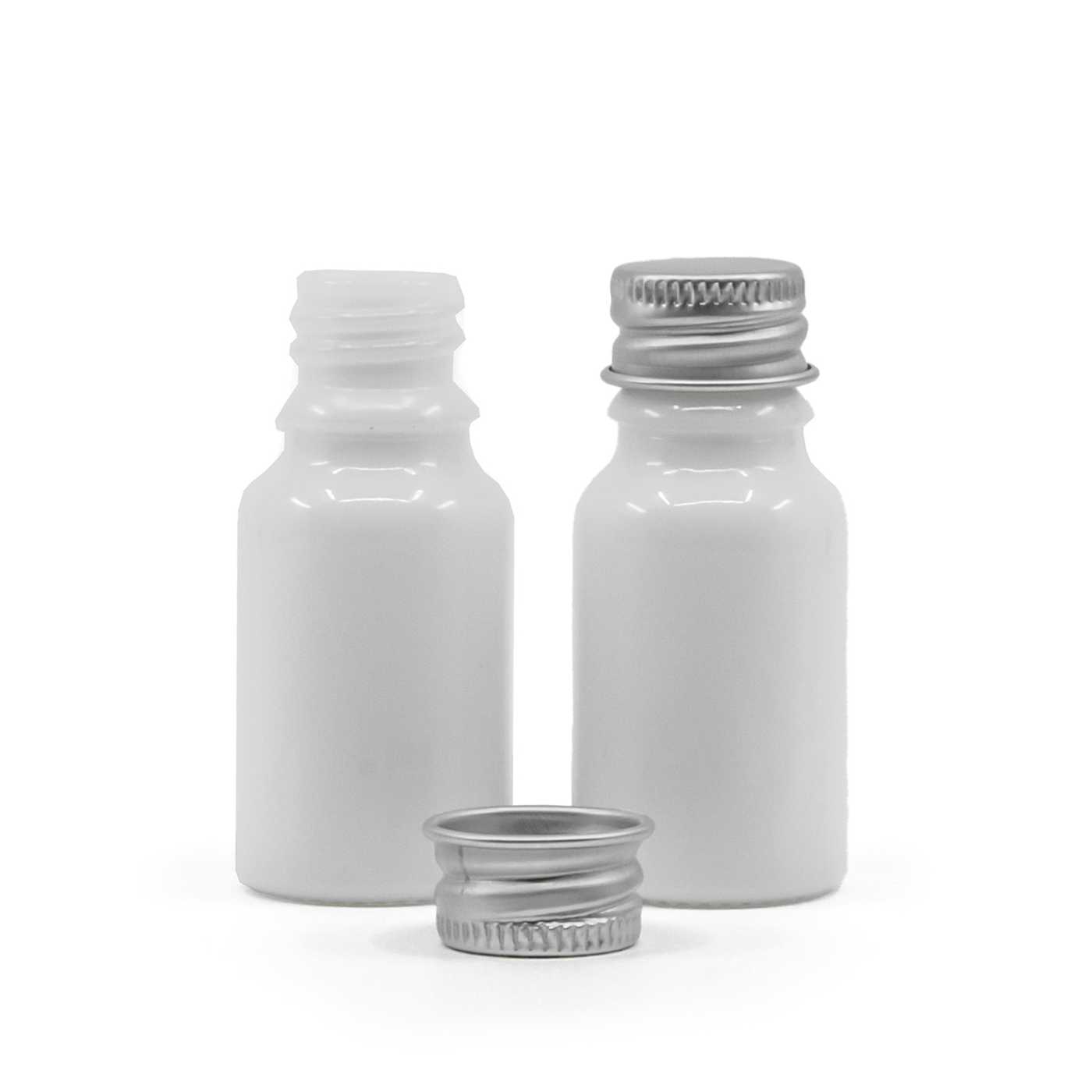Sklenená fľaška, biela, hliníkový vrchnák, 10 ml