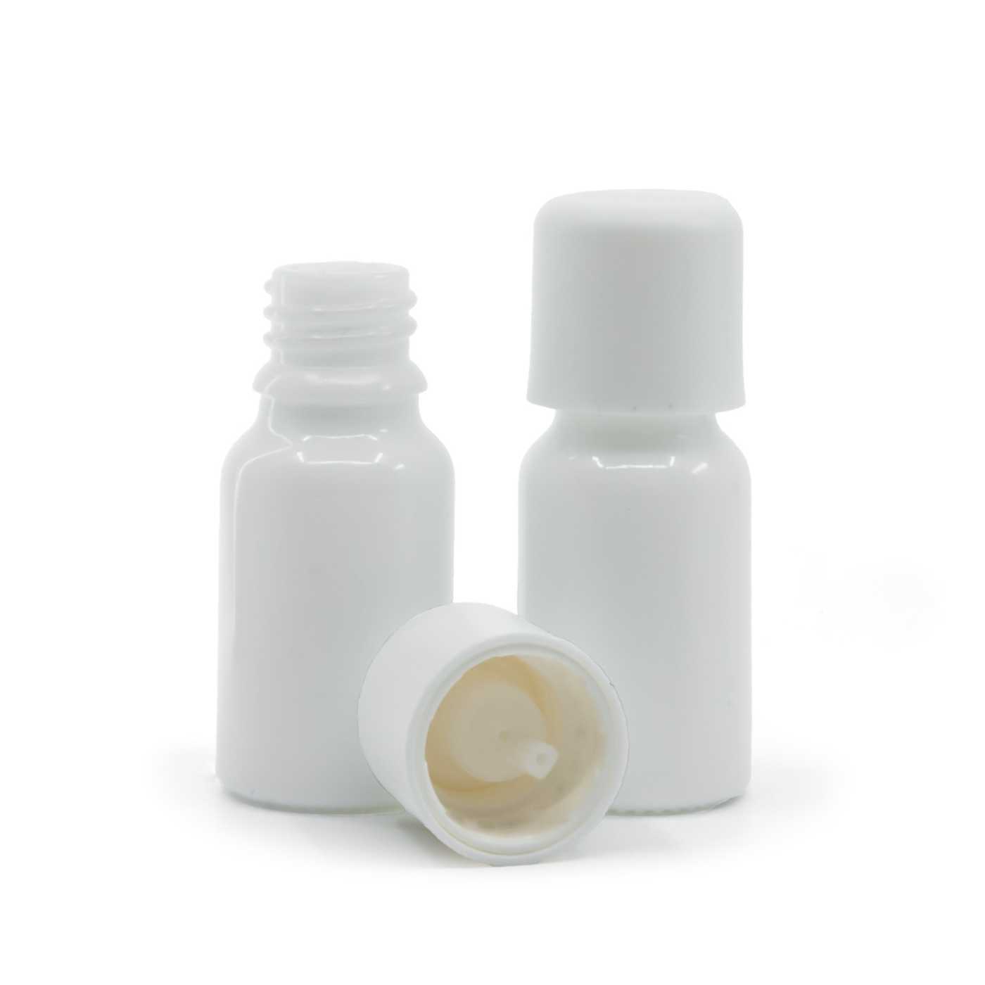 Sklenená fľaška, biela, biely vrchnák s poistkou, 10 ml