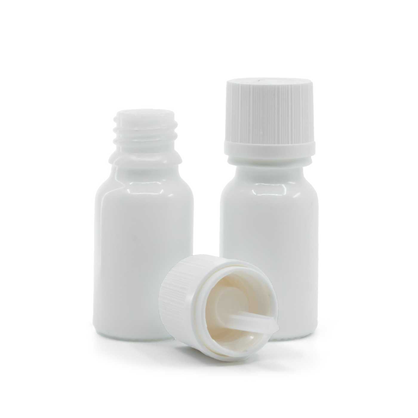 Sklenená fľaška, biela, biely vrúbkovaný vrchnák s poistkou, 10 ml