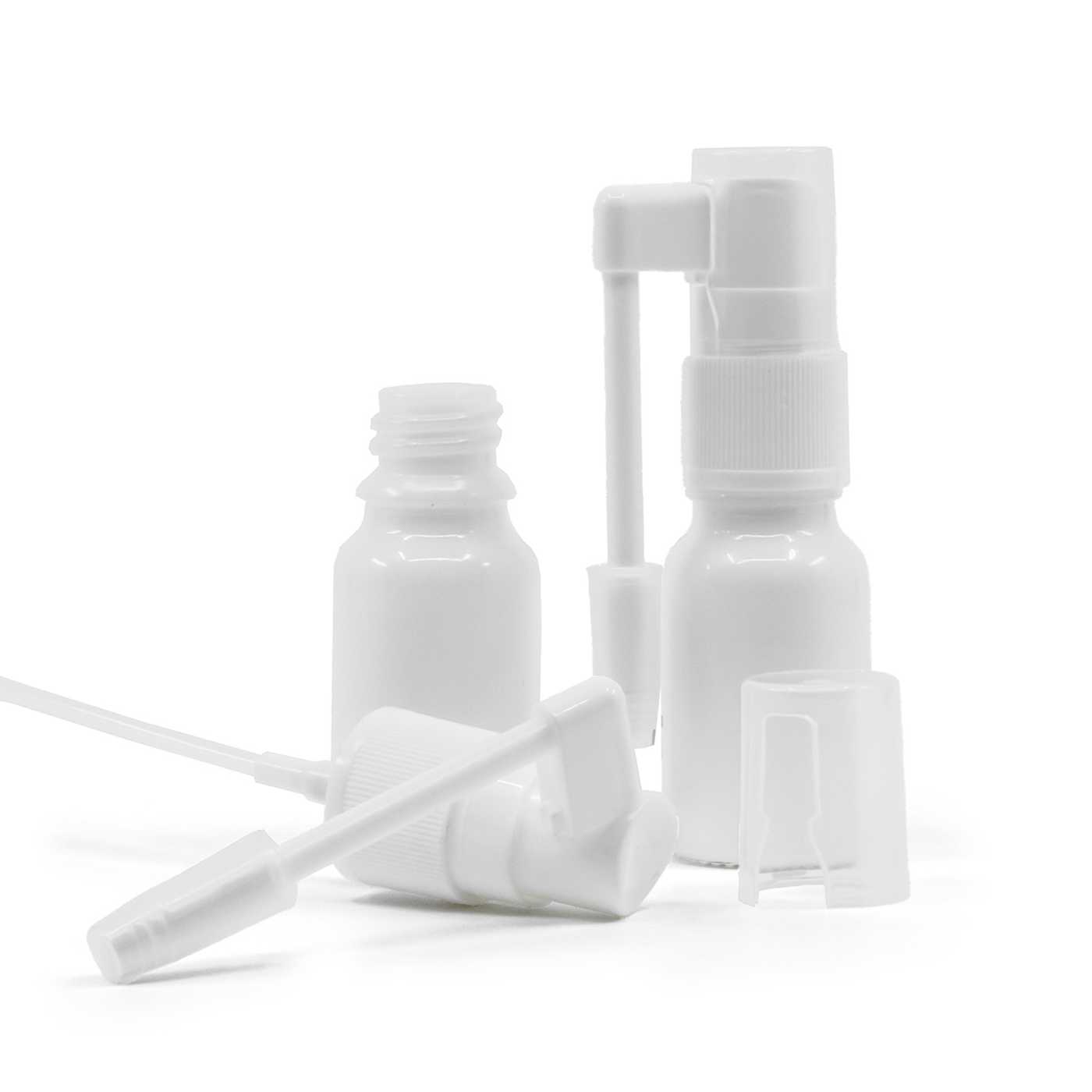 Sklenená fľaška, biela, sprej do hrdla, 10 ml