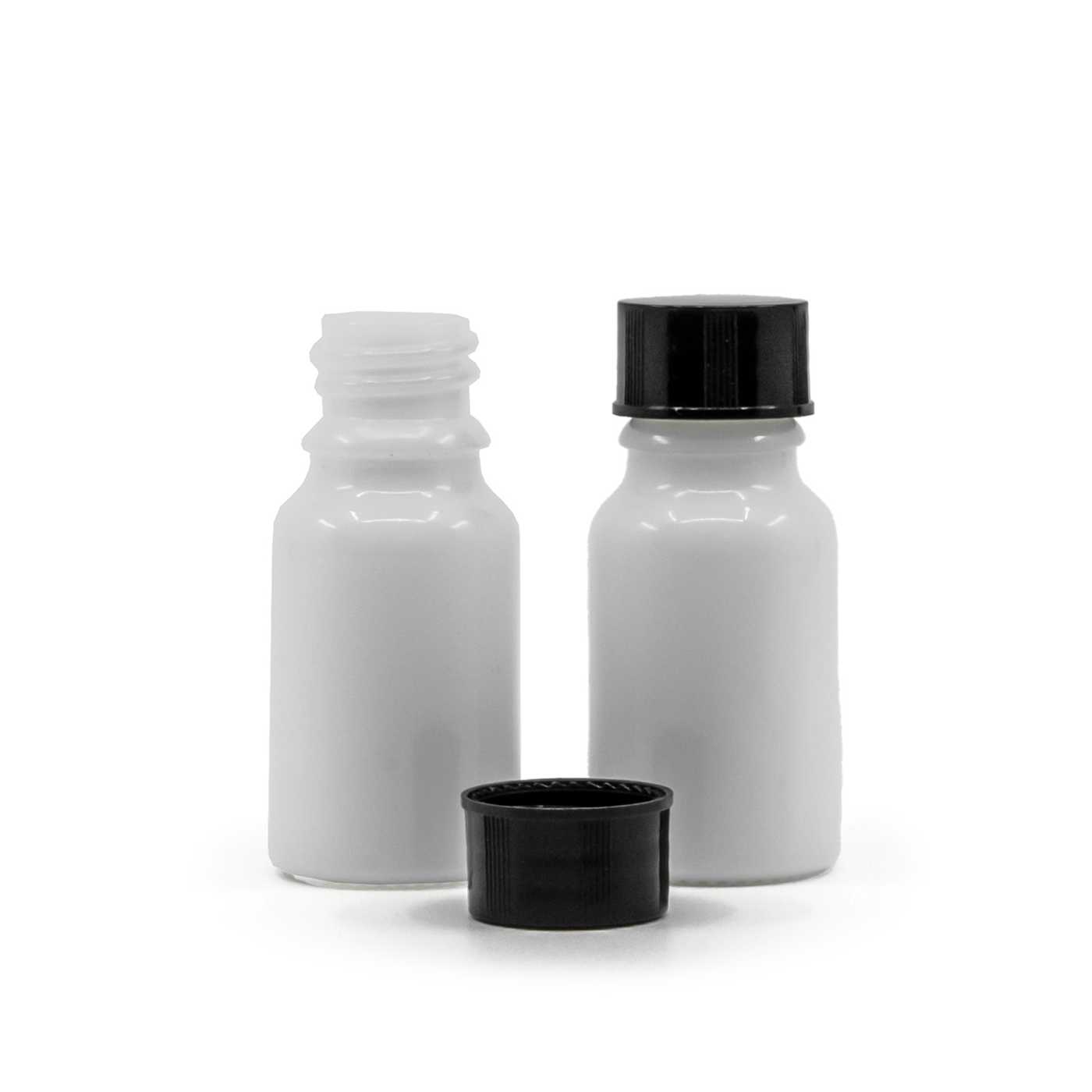Sklenená fľaška, biela, vrchnák čierny, 10 ml
